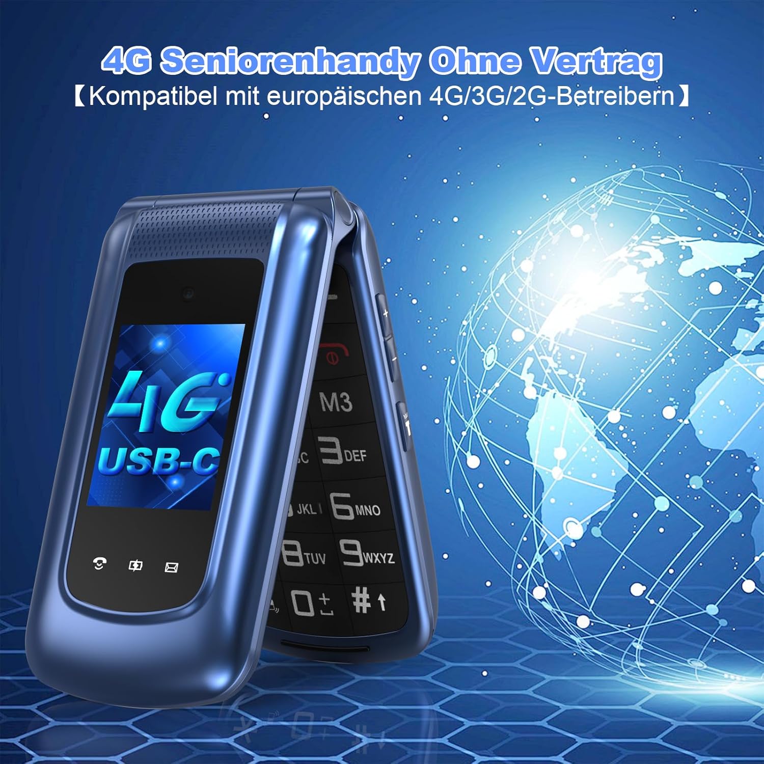 4G Folding Mobile Phone for Seniors with Large Buttons, Dual SIM Flip Mobile Phone with Charging Station, SOS Emergency Call Function, Speed Dial, Torch, FM Radio, 2.4 + 1.77 Inch Dual Colour Display, Blue – Bild 5