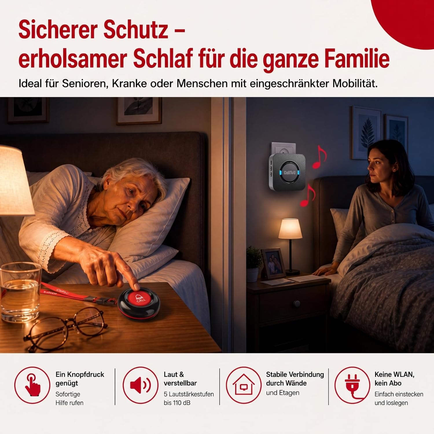 CalltoU Emergency Call Button for Seniors, Seniors Emergency Call with 5 Volume Levels, Home Emergency Call with 55 Ringtones, IP55 Waterproof SOS Emergency Button 150 m / 500 ft Range (1 Transmitter 1 Receiver) – Bild 2