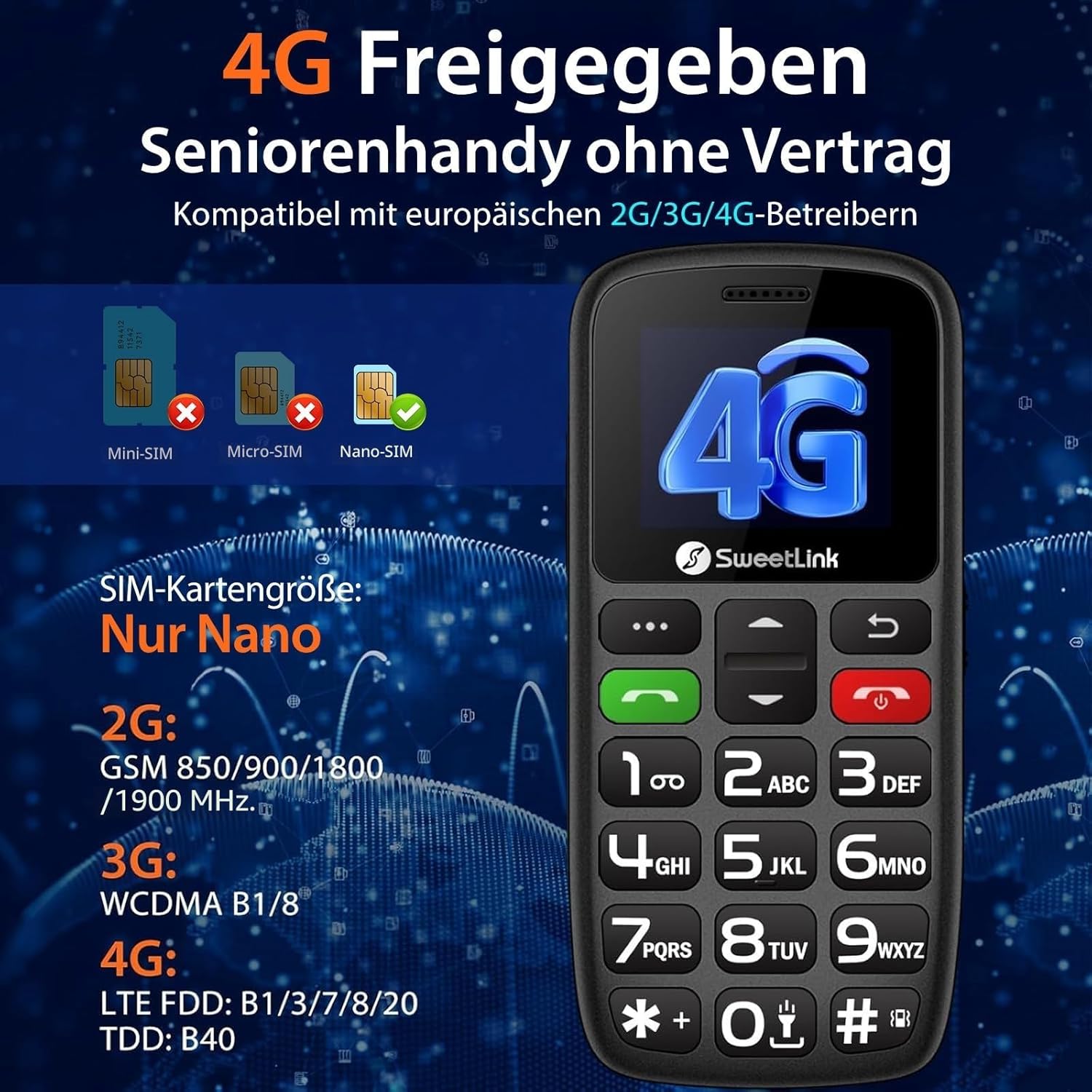 SweetLink S2PLUS 4G Senior Mobile Phone without Contract - Dual Nano SIM with 1400 mAh Battery, SOS Emergency Call Button, 1.77 Inch Large Button Display, Charging Station & FM Radio | with Clear Voice Prompt and 12 Days Standby – Bild 9