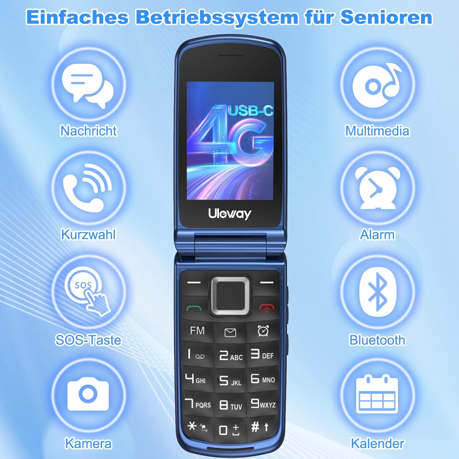 4G Folding Mobile Phone for Seniors with Large Buttons, Dual SIM Flip Mobile Phone with Charging Station, SOS Emergency Call Function, Speed Dial, Torch, FM Radio, 2.4 + 1.77 Inch Dual Colour Display, Blue – Bild 2