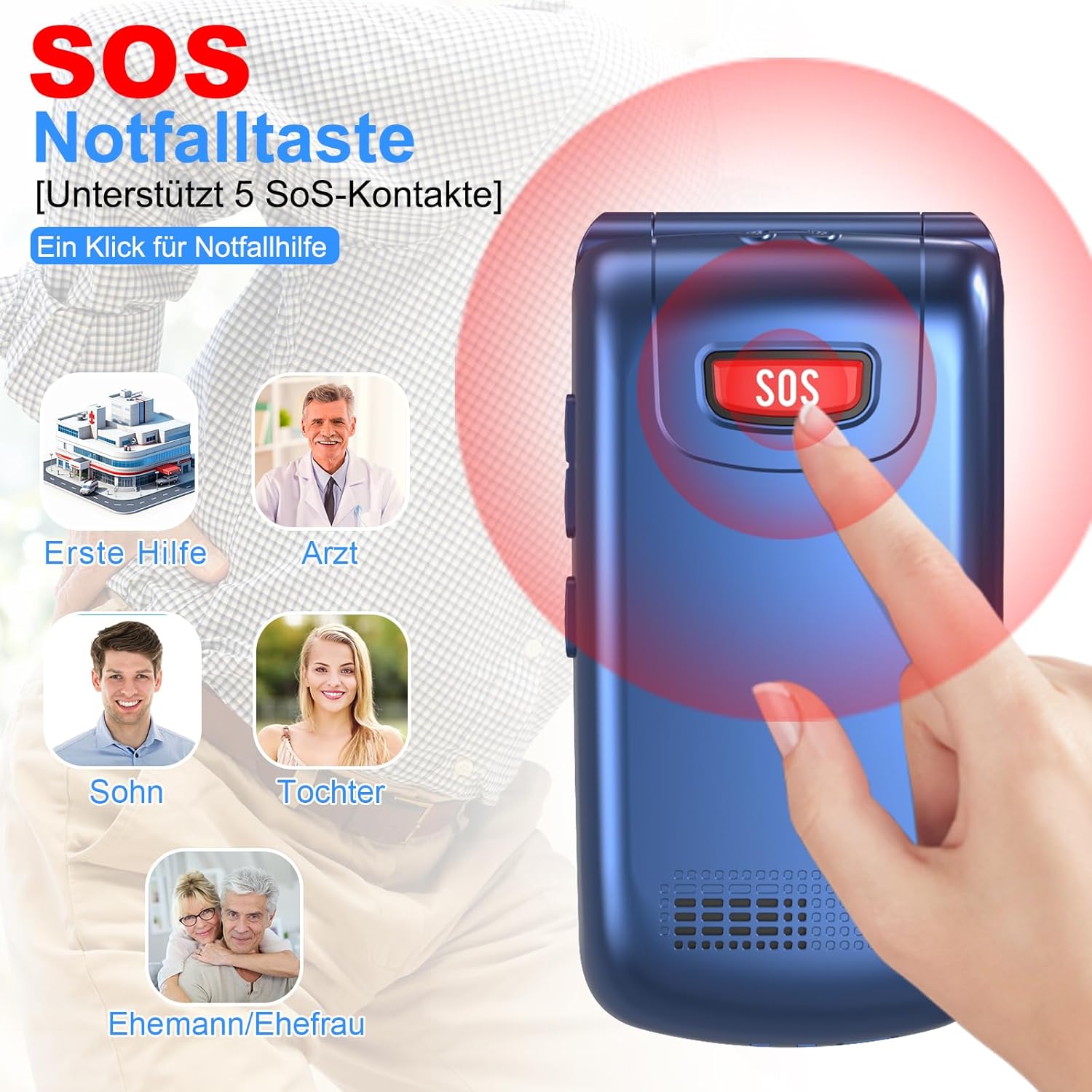 4G Folding Mobile Phone for Seniors with Large Buttons, Dual SIM Flip Mobile Phone with Charging Station, SOS Emergency Call Function, Speed Dial, Torch, FM Radio, 2.4 + 1.77 Inch Dual Colour Display, Blue – Bild 7