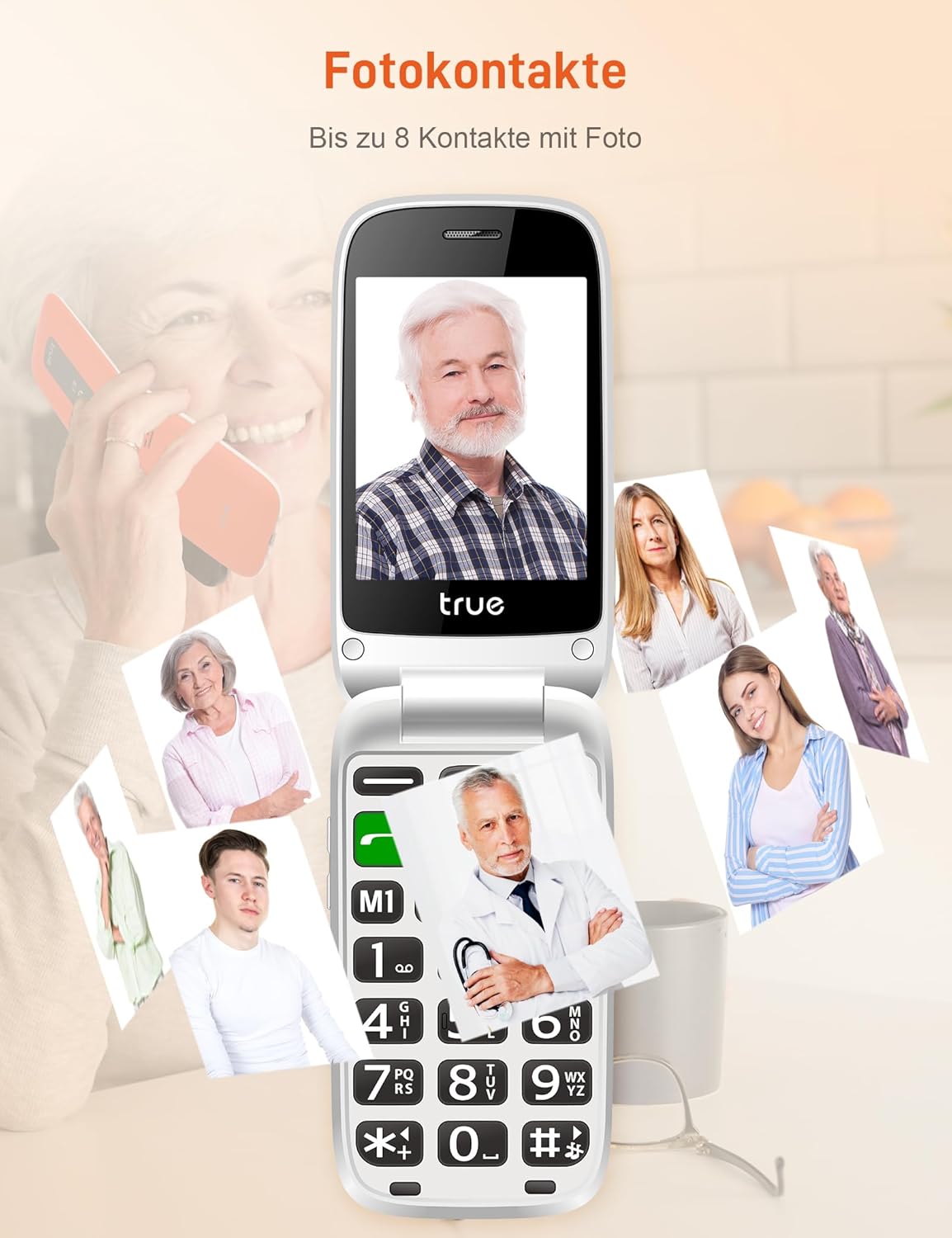 TRUE S70 Senior Mobile Phone Folding Mobile Phone without Contract, 2G Mobile Phone with Large 2.8 Inch Display, Drop Detection, SOS Emergency Call Button, Extra Loud Large Buttons, Pedometer, Quick Dial, Charging Station, Orange | fall sensor, Extra loud mode, Large number display, Large font – Bild 6