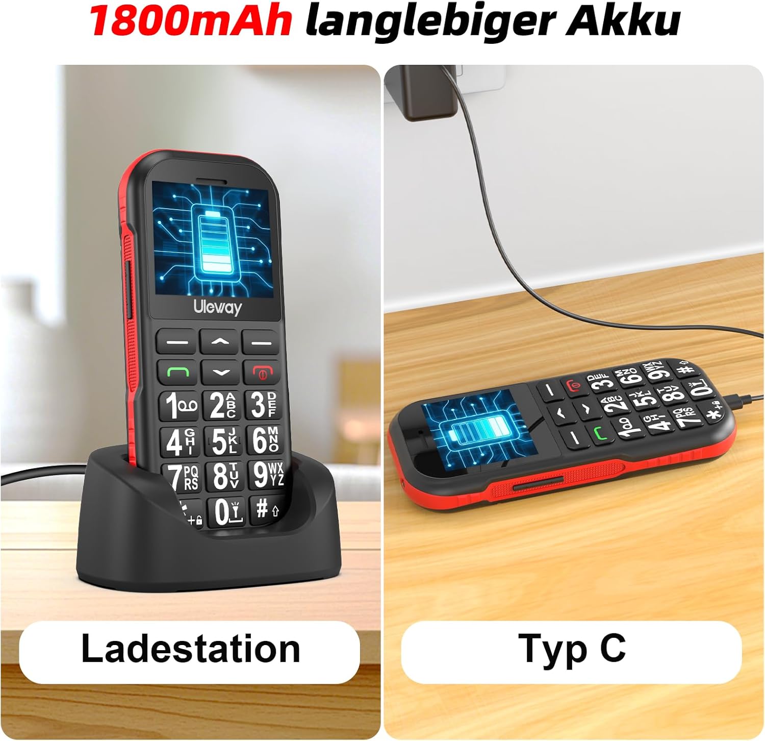 CHAKEYAKE 4G Senior Mobile Phone without Contract with Large Buttons, 1800 mAh Long Standby Retirees Seniors Mobile Phone Large Button Mobile Phone with USB-C, SOS Function, Torch, Charging Station Black – Bild 6