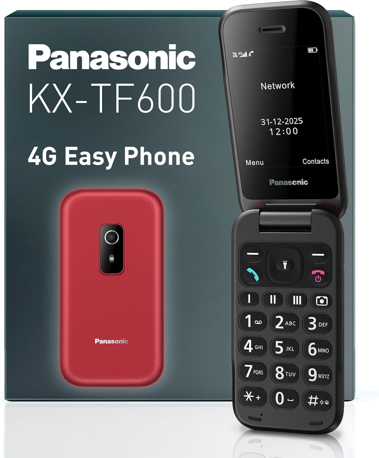 Panasonic KX-TF600 4G Easy Phone, Volte Klare Anrufe, 290 Stunden Standby, USB-C Schnellladung, 2,8" Display, Bluetooth, LED Taschenlampe, IP44 Wasserdicht, Beleuchtete Tasten, Rot