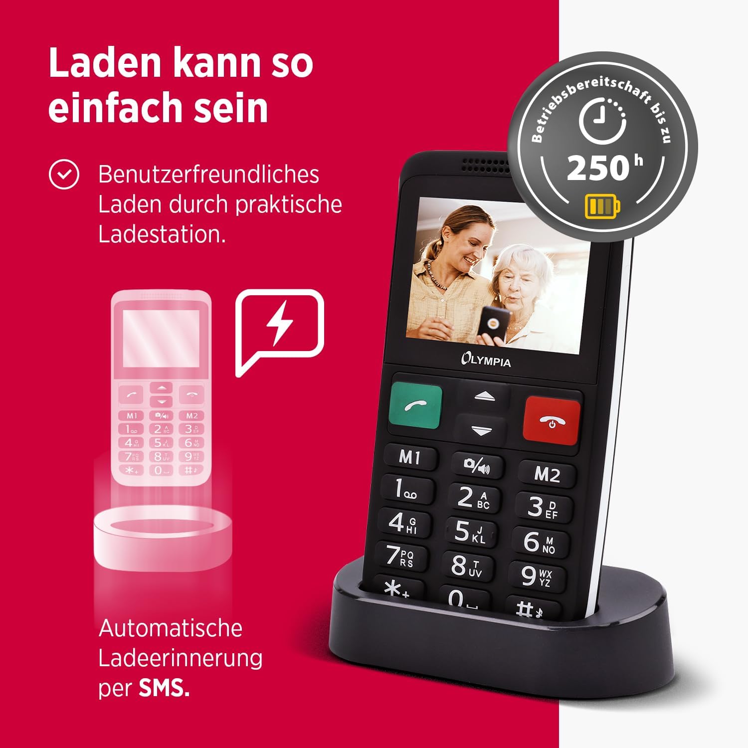 Olympia LUX Mobile Phone | Comfort Mobile Phone with Large Buttons | Colour Display | SOS Button | Senior Mobile Phone without Contract | Dual SIM, MicroSD Slot, Bluetooth | Torch | Includes Charging Cradle | Black – Bild 6