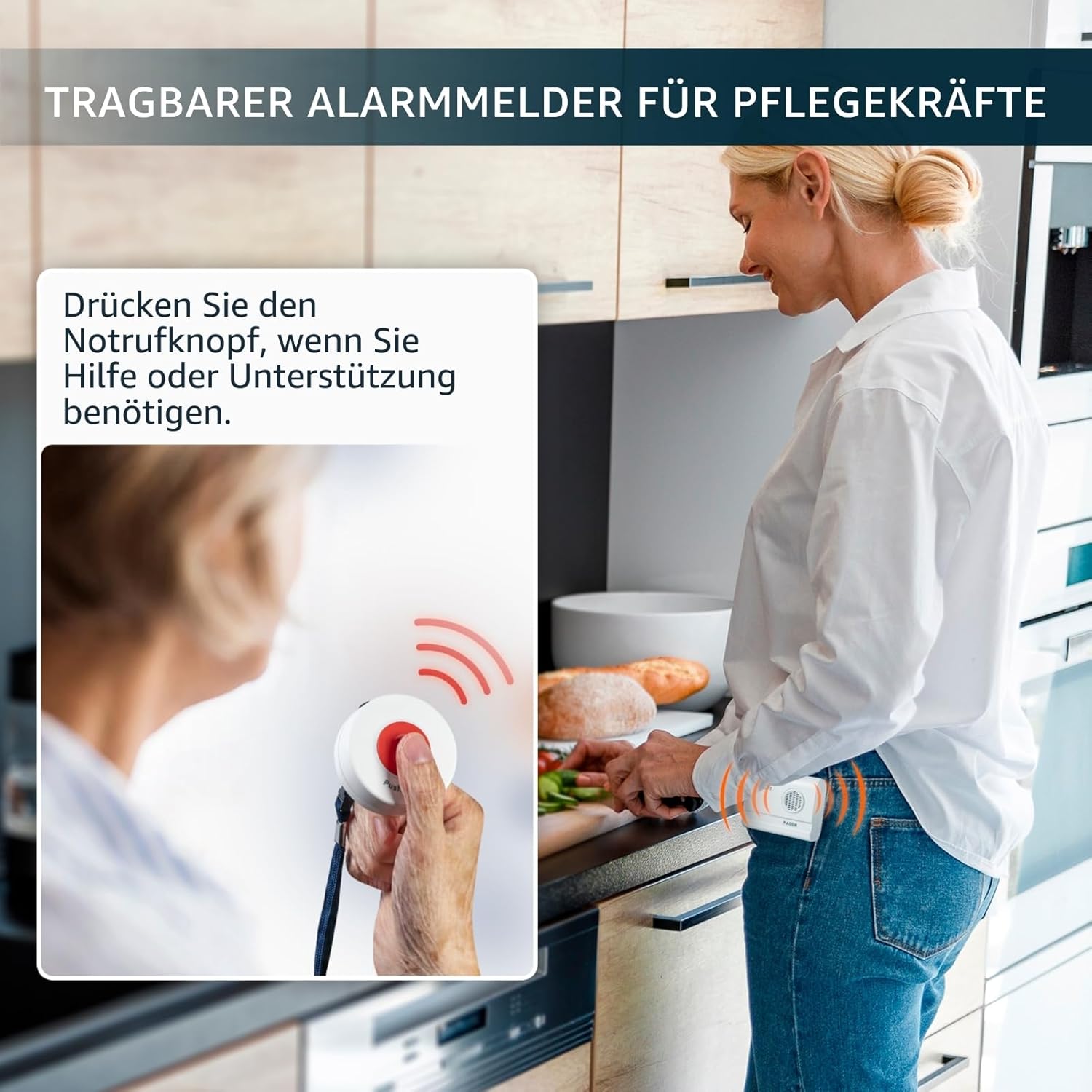 Care pager with 2 call buttons, wireless call system for seniors, elderly care and assisted living, emergency call aid at the touch of a button – Bild 2