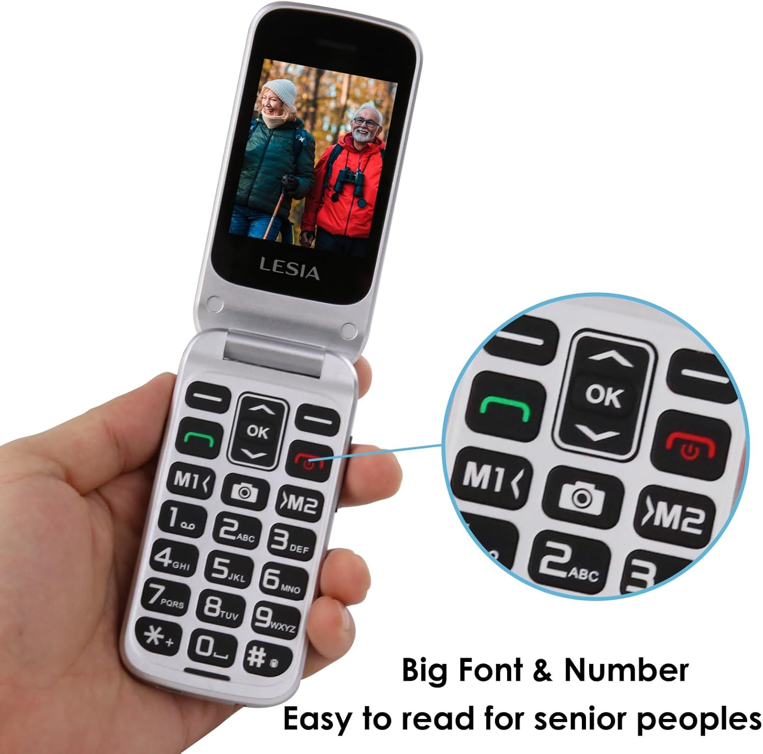 LESIA 4G Folding Mobile Phone for Seniors without Contract with Large Buttons Mobile Phone, Dual SIM Flip Mobile Phone for Seniors, SOS Emergency Call Function, Torch, FM Radio, 2.4 Inch Display with Charging Station, Grey – Bild 2