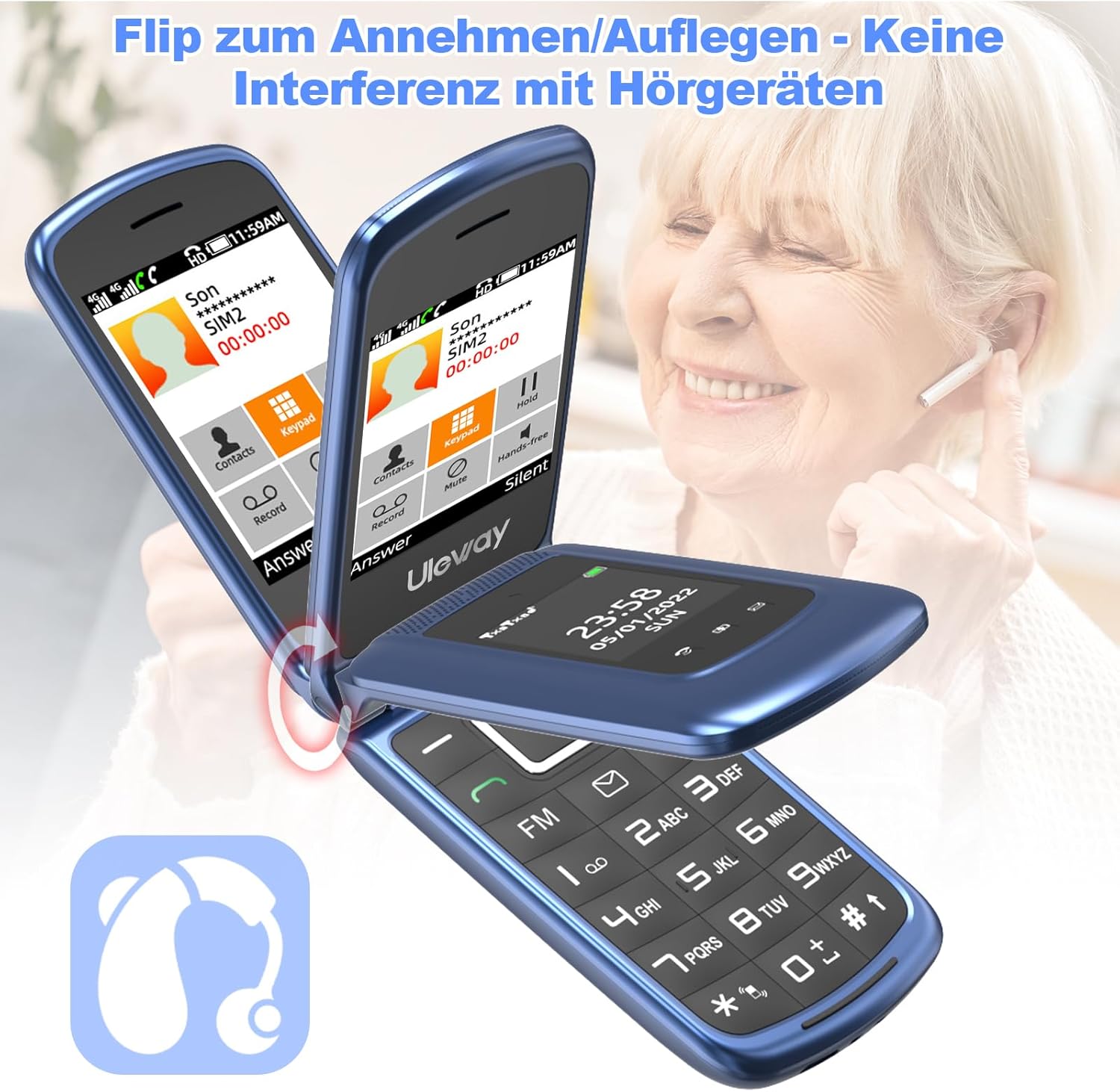 4G Folding Mobile Phone for Seniors with Large Buttons, Dual SIM Flip Mobile Phone with Charging Station, SOS Emergency Call Function, Speed Dial, Torch, FM Radio, 2.4 + 1.77 Inch Dual Colour Display, Blue – Bild 3