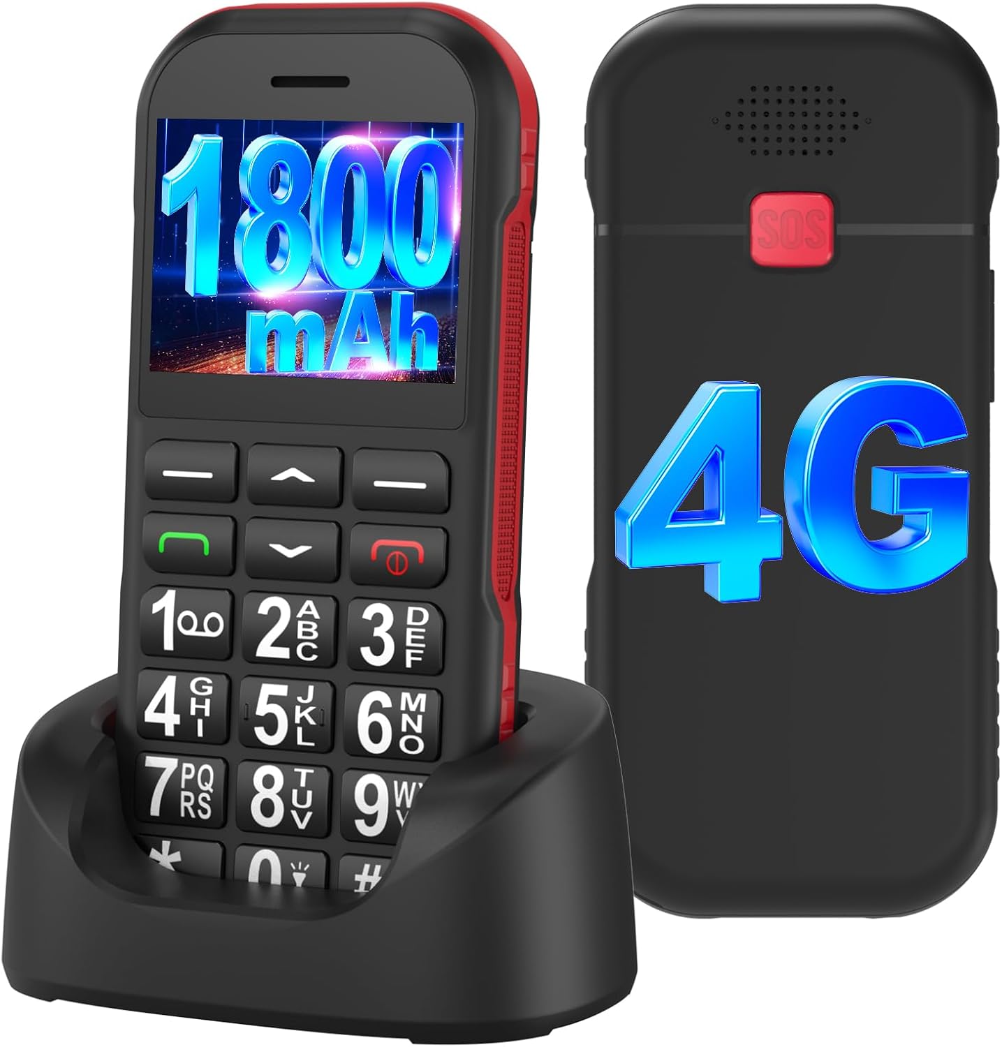 CHAKEYAKE 4G Senior Mobile Phone without Contract with Large Buttons, 1800 mAh Long Standby Retirees Seniors Mobile Phone Large Button Mobile Phone with USB-C, SOS Function, Torch, Charging Station Black