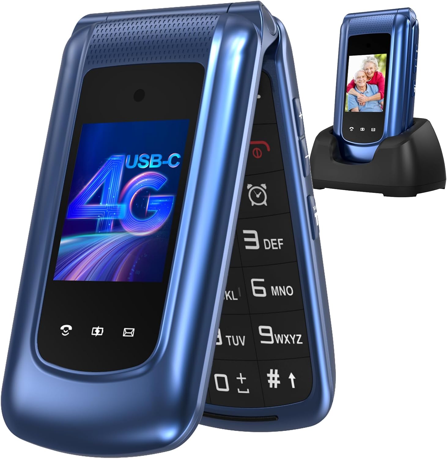 4G Folding Mobile Phone for Seniors with Large Buttons, Dual SIM Flip Mobile Phone with Charging Station, SOS Emergency Call Function, Speed Dial, Torch, FM Radio, 2.4 + 1.77 Inch Dual Colour Display, Blue