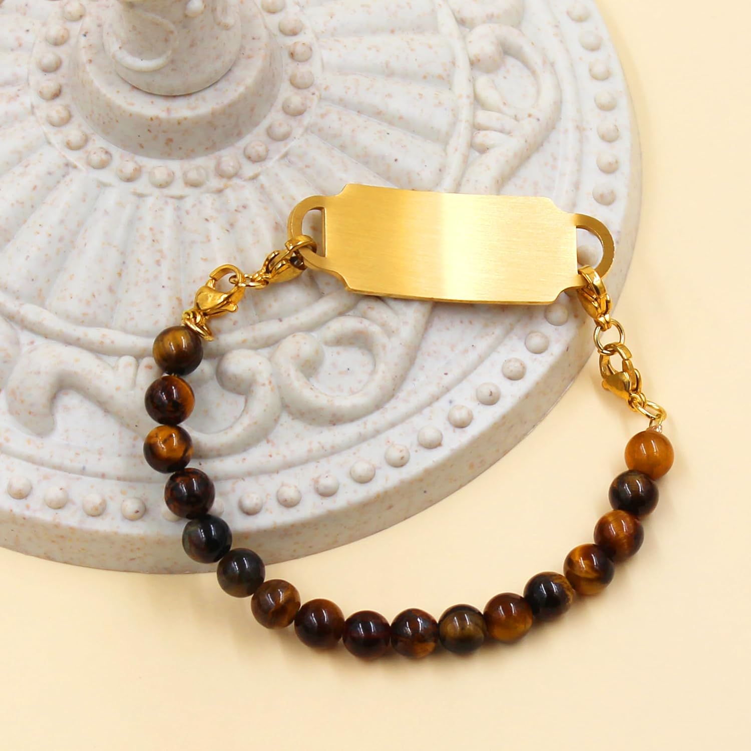 Handmade Tiger's Eye Stone Personal Medical Alert Bracelet - Gold-Coloured Individual ID Name Bracelet for Men Women Seniors First Aid Jewellery (YA5048) – Bild 8