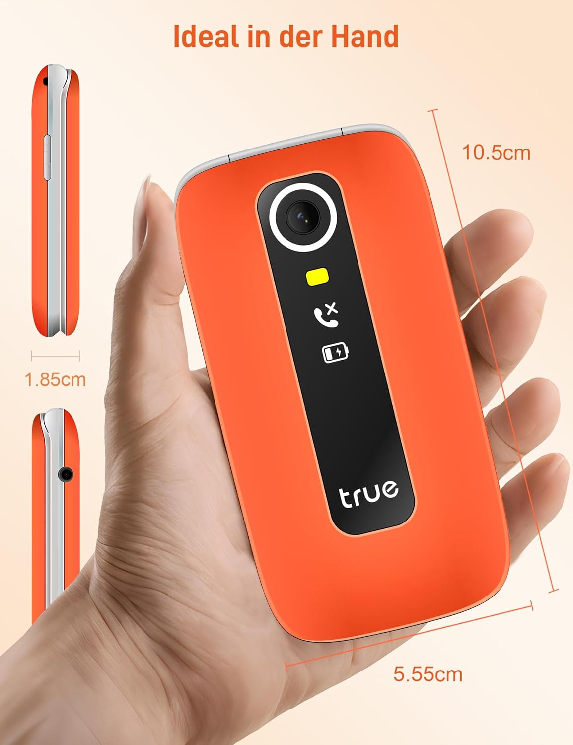 TRUE S70 Senior Mobile Phone Folding Mobile Phone without Contract, 2G Mobile Phone with Large 2.8 Inch Display, Drop Detection, SOS Emergency Call Button, Extra Loud Large Buttons, Pedometer, Quick Dial, Charging Station, Orange | fall sensor, Extra loud mode, Large number display, Large font – Bild 7
