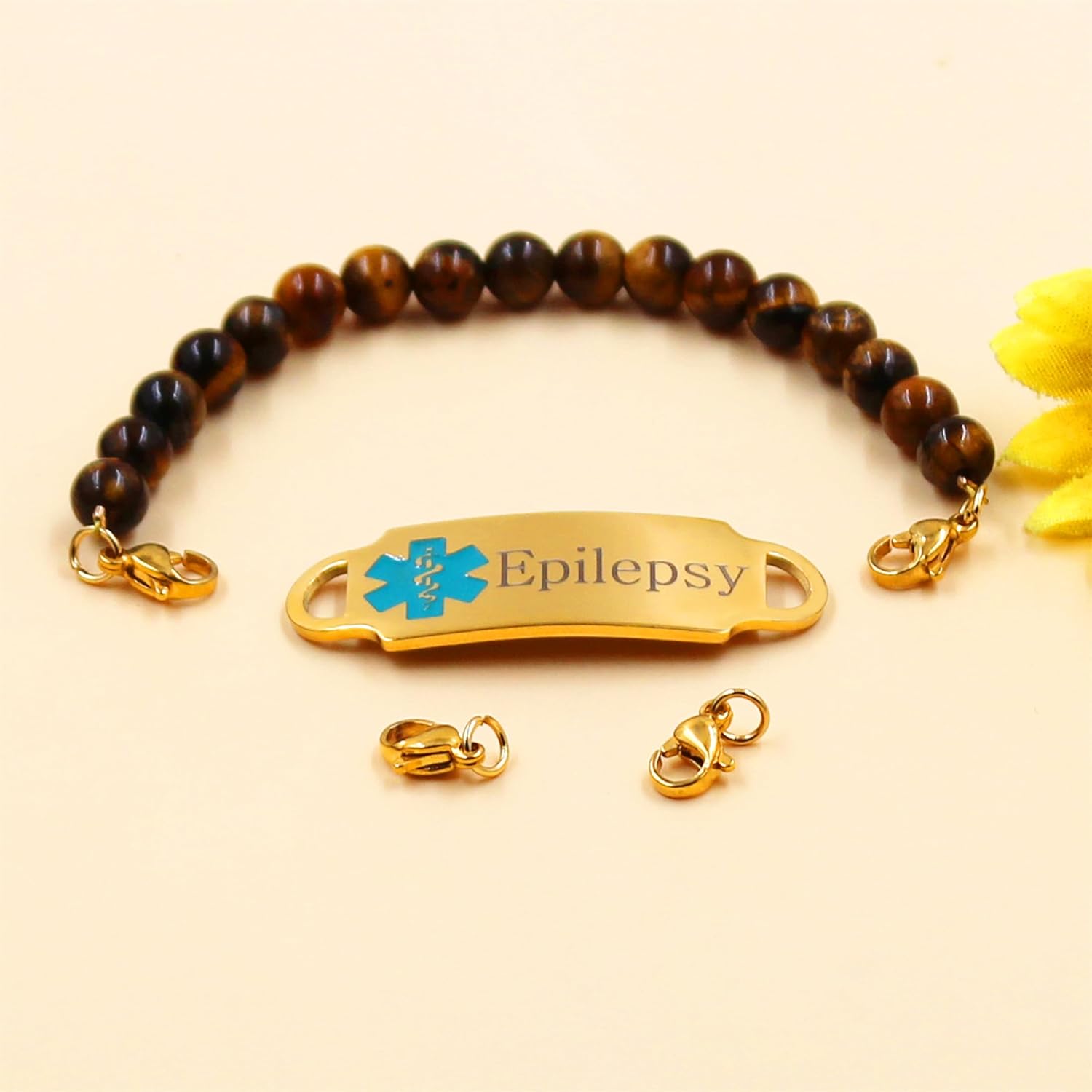 Handmade Tiger's Eye Stone Personal Medical Alert Bracelet - Gold-Coloured Individual ID Name Bracelet for Men Women Seniors First Aid Jewellery (YA5048) – Bild 6
