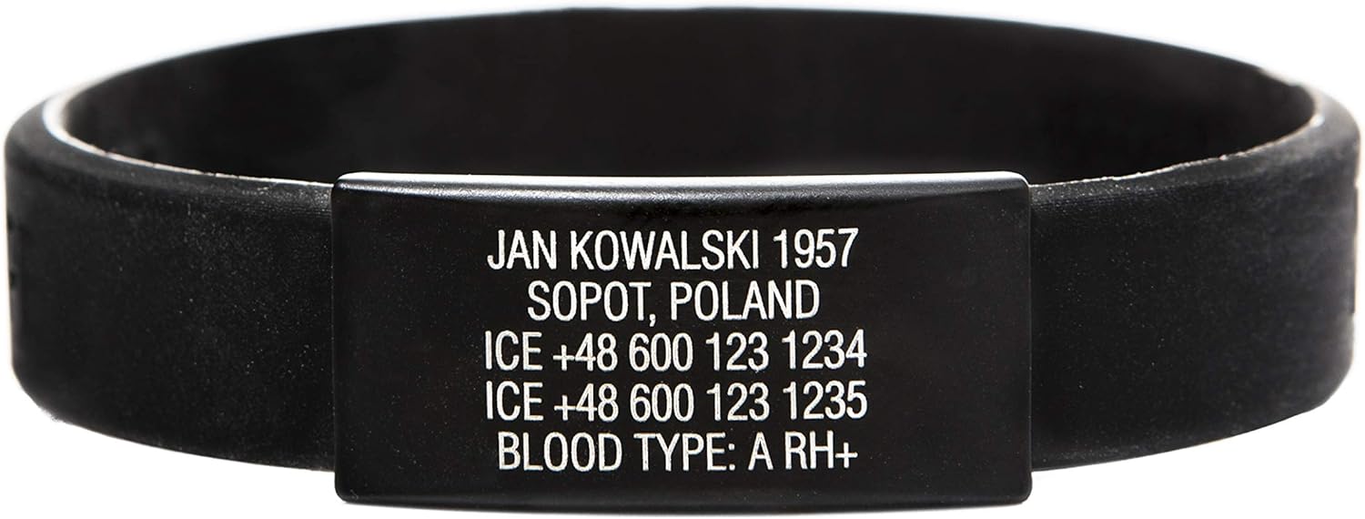 Emergency ID Bracelet Personalised Custom Medical Alarm Bracelet with Black Stainless Steel Plate Including Free Engraving as Desired Sport ID (Satin Black, 202)