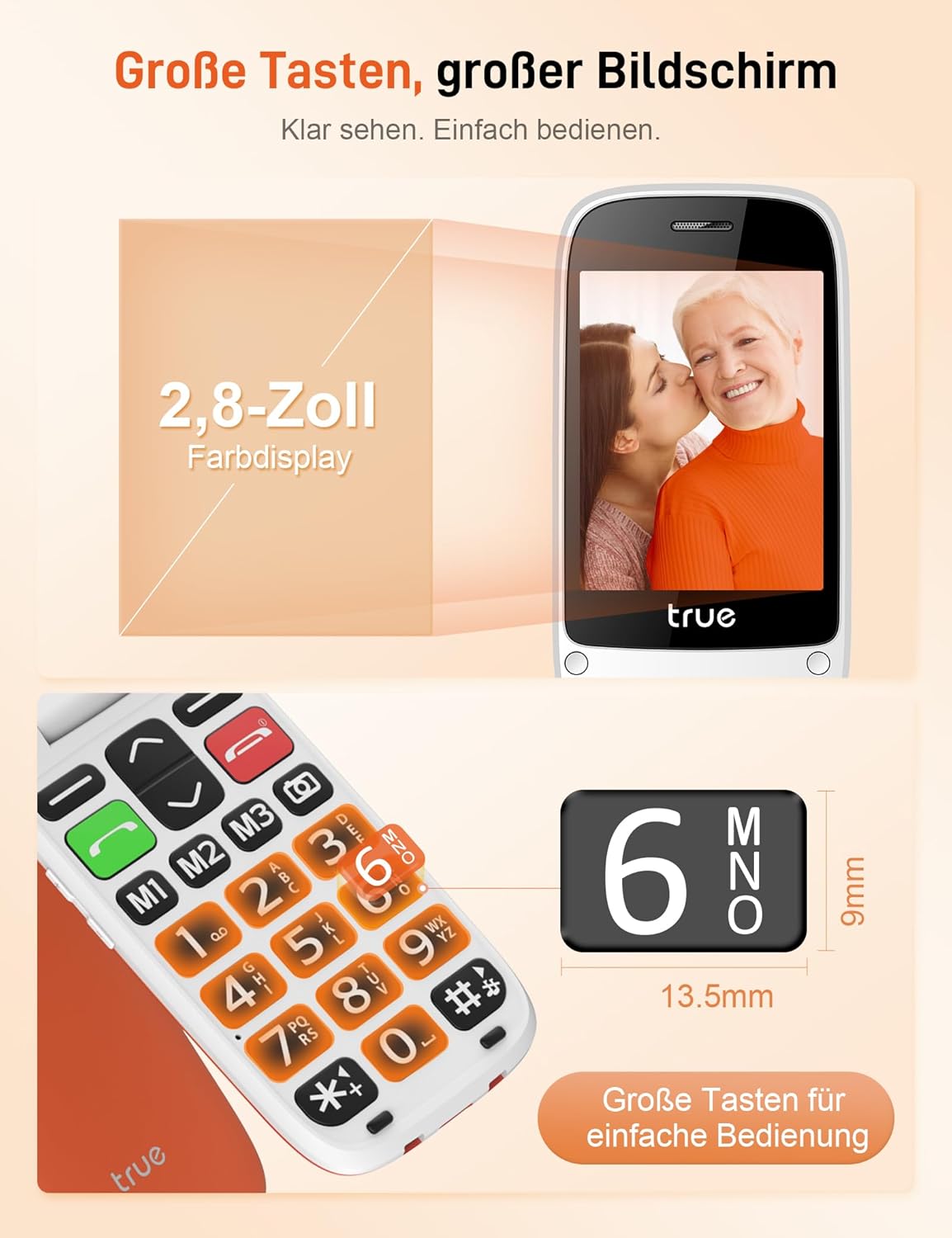 TRUE S70 Senior Mobile Phone Folding Mobile Phone without Contract, 2G Mobile Phone with Large 2.8 Inch Display, Drop Detection, SOS Emergency Call Button, Extra Loud Large Buttons, Pedometer, Quick Dial, Charging Station, Orange | fall sensor, Extra loud mode, Large number display, Large font – Bild 2