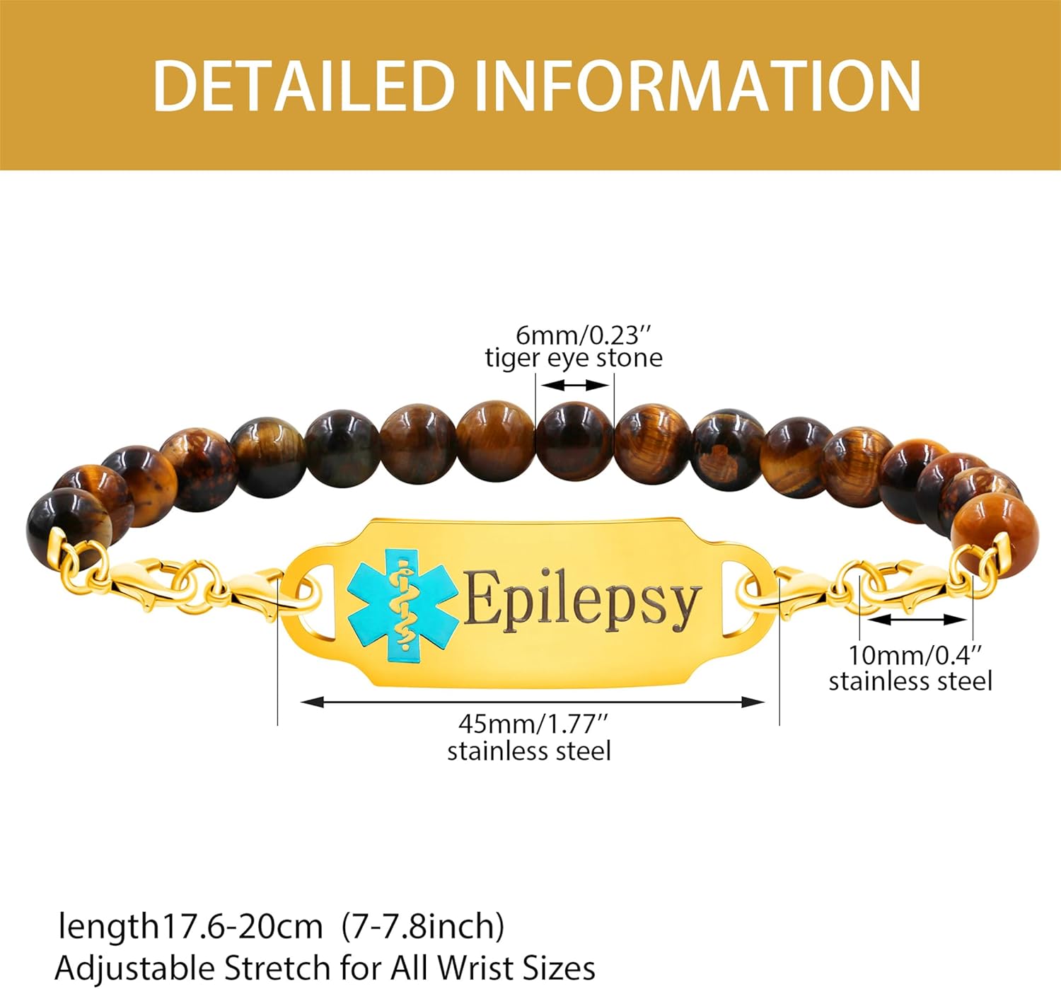 Handmade Tiger's Eye Stone Personal Medical Alert Bracelet - Gold-Coloured Individual ID Name Bracelet for Men Women Seniors First Aid Jewellery (YA5048) – Bild 3