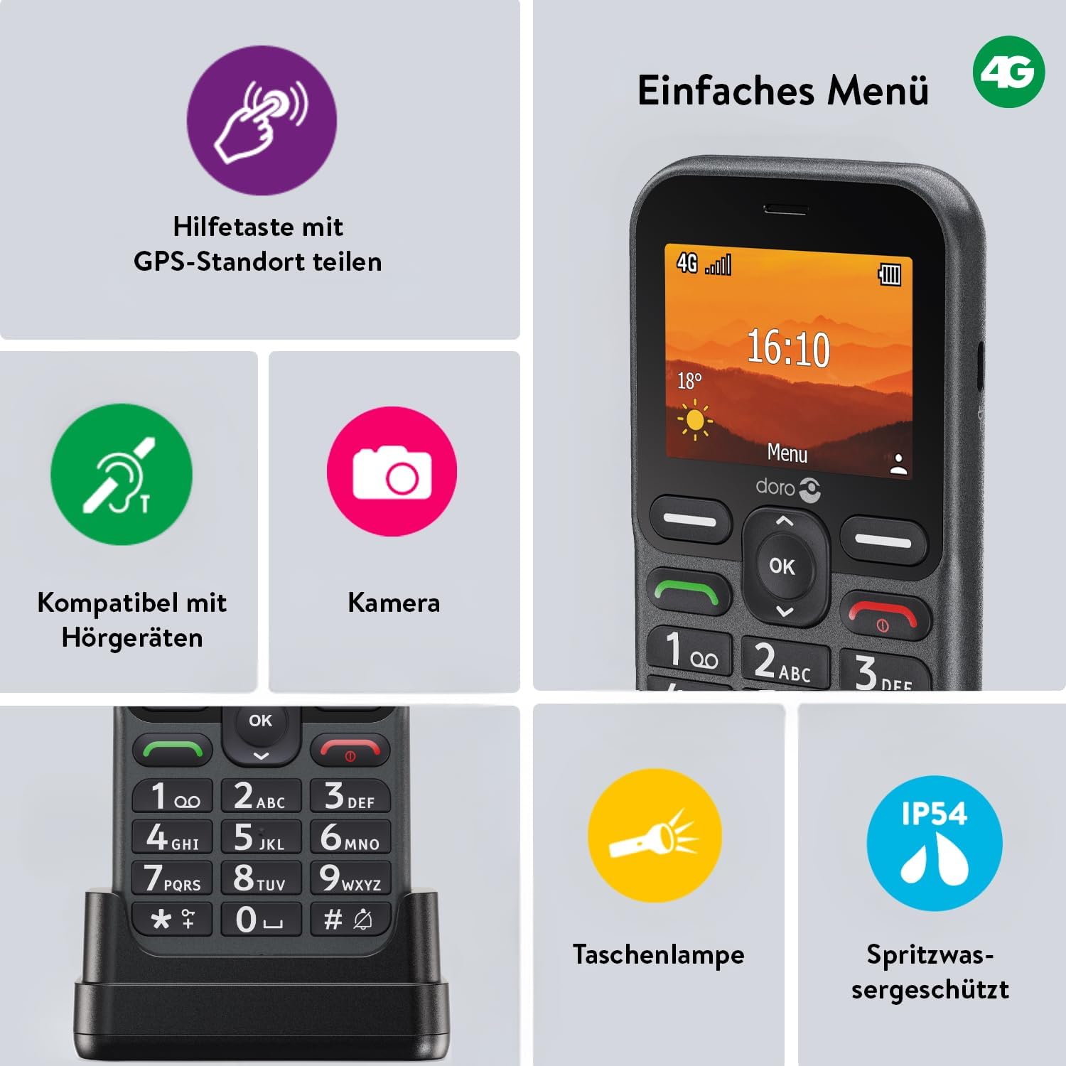 Doro - Leva L10 - Téléphone Portable Senior - Téléphone 4G Débloqué - Grand Écran - Son HD Puissant - Appareil Photo - Touche d'Assistance Avec GPS - Socle Chargeur Inclus - Graphite – Bild 3
