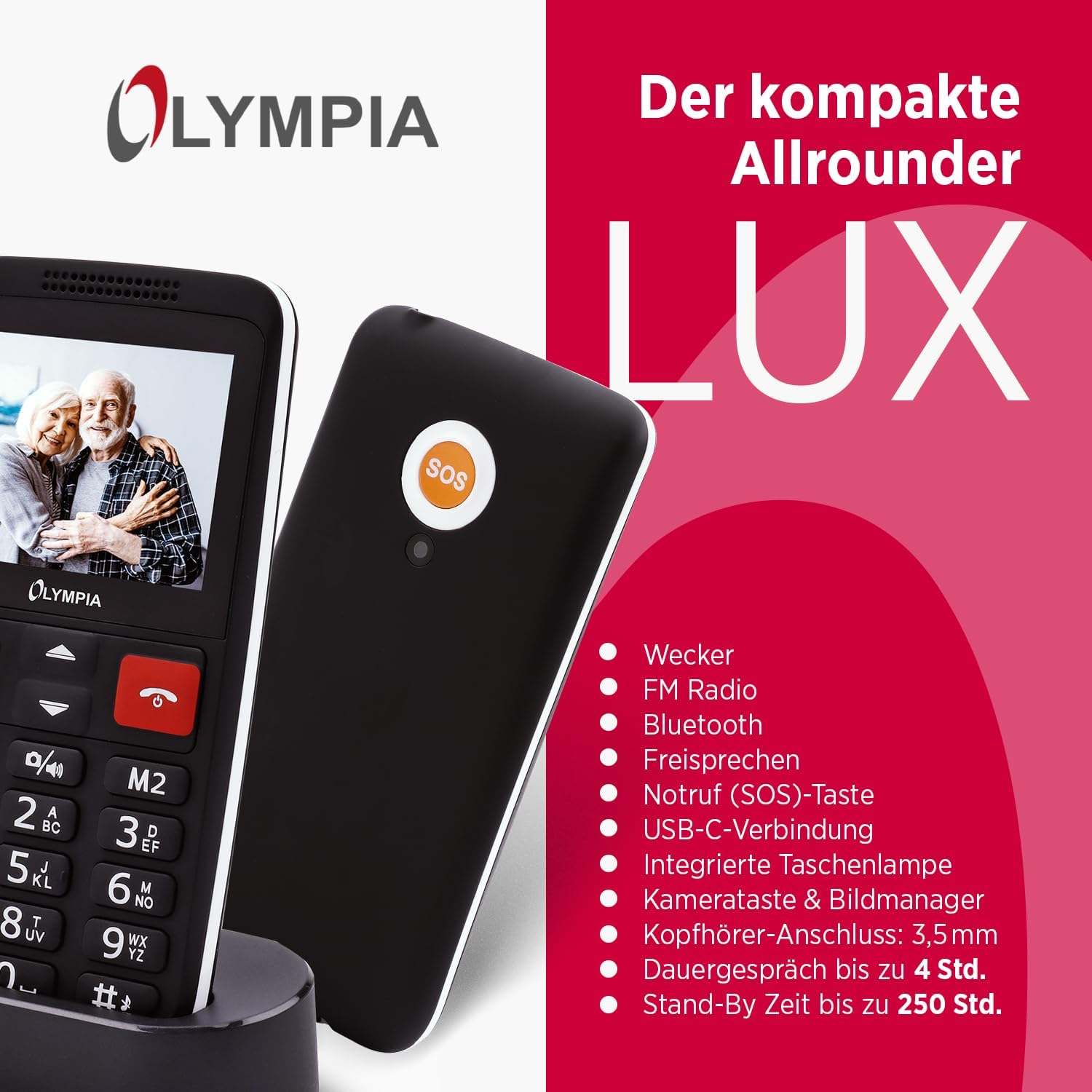 Olympia LUX Mobile Phone | Comfort Mobile Phone with Large Buttons | Colour Display | SOS Button | Senior Mobile Phone without Contract | Dual SIM, MicroSD Slot, Bluetooth | Torch | Includes Charging Cradle | Black – Bild 7