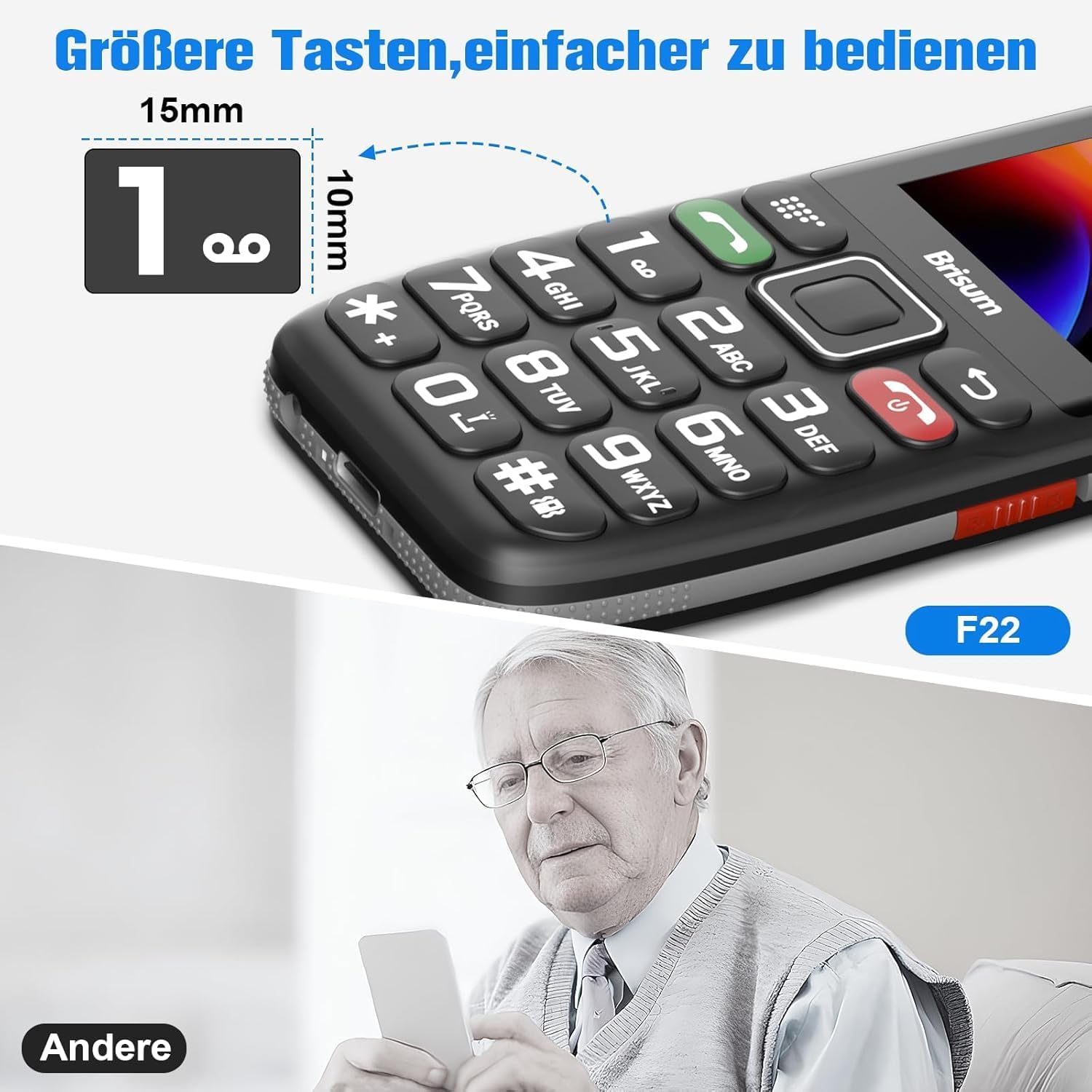 Version F22 Senior Mobile Phone without Contract | 2500 mAh Battery Long Standby Time | Dual SIM with Emergency Call Button | Pensioner Mobile Phone Large Buttons | Large Button Mobile Phone with Charging Station | 2.4 Inch Colour Display – Bild 3