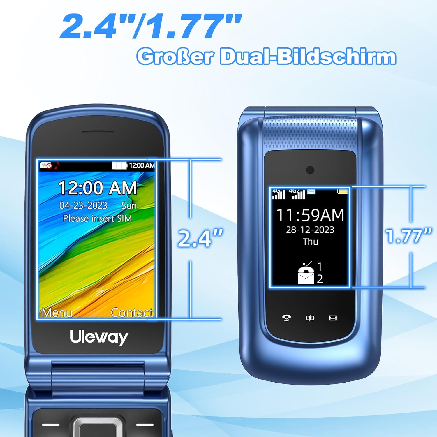 4G Folding Mobile Phone for Seniors with Large Buttons, Dual SIM Flip Mobile Phone with Charging Station, SOS Emergency Call Function, Speed Dial, Torch, FM Radio, 2.4 + 1.77 Inch Dual Colour Display, Blue – Bild 11