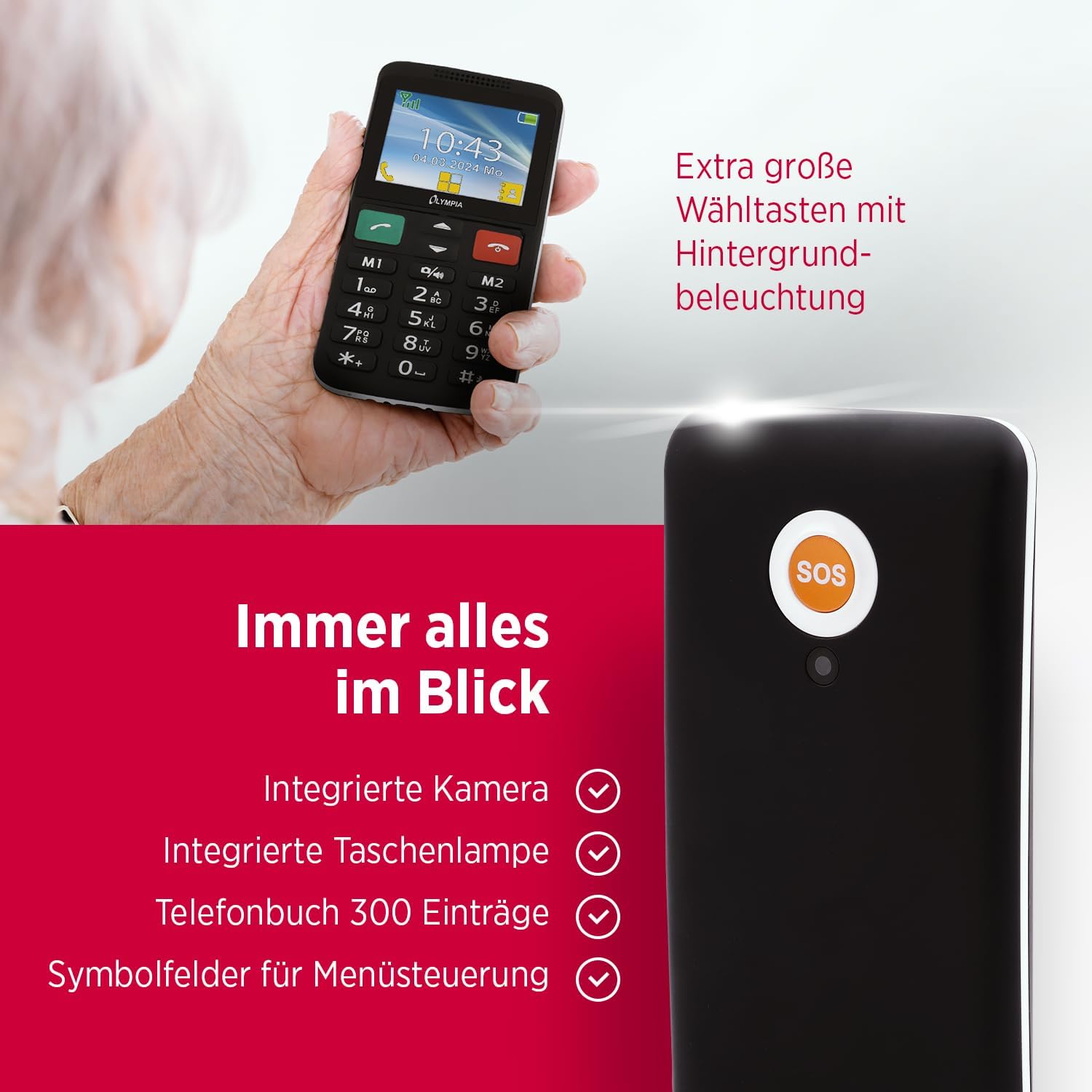 Olympia LUX Mobile Phone | Comfort Mobile Phone with Large Buttons | Colour Display | SOS Button | Senior Mobile Phone without Contract | Dual SIM, MicroSD Slot, Bluetooth | Torch | Includes Charging Cradle | Black – Bild 5