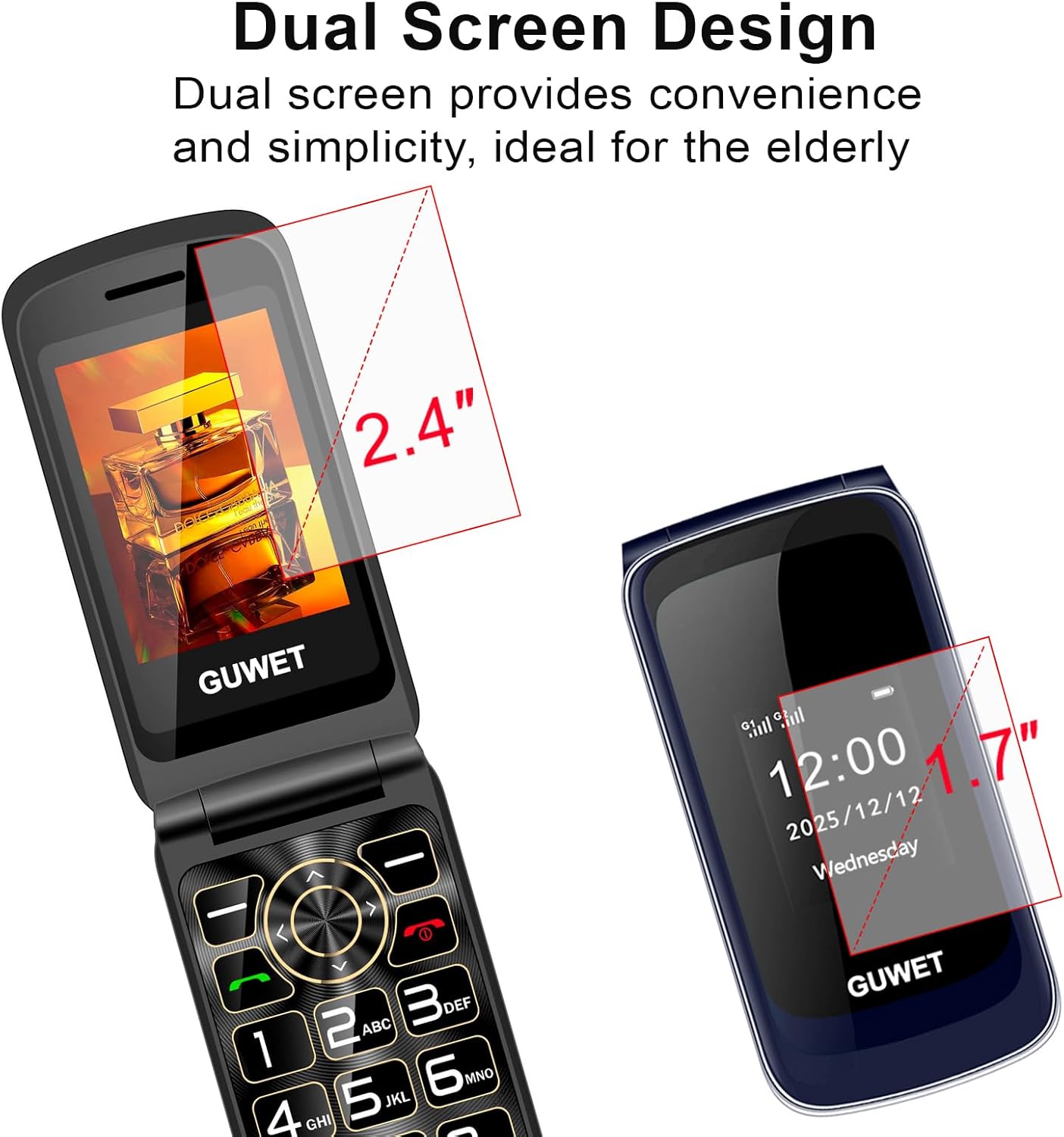2G Senior Mobile Phone Folding Mobile Phone without Contract, Pensioner Mobile Phone Large Buttons, SOS Emergency Call Function, 1600 mAh Battery, 2.4 Inch + 1.77 Inch Dual Display, Dual SIM with Emergency Call Button, Blue – Bild 3