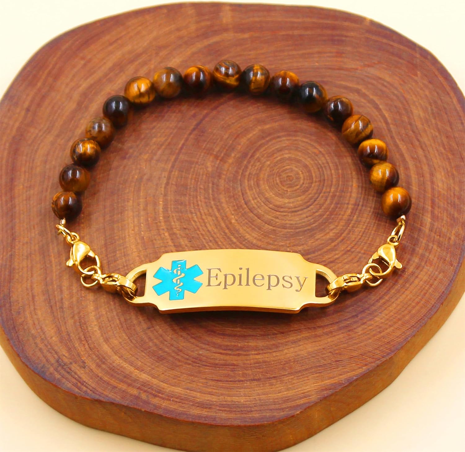 Handmade Tiger's Eye Stone Personal Medical Alert Bracelet - Gold-Coloured Individual ID Name Bracelet for Men Women Seniors First Aid Jewellery (YA5048) – Bild 9