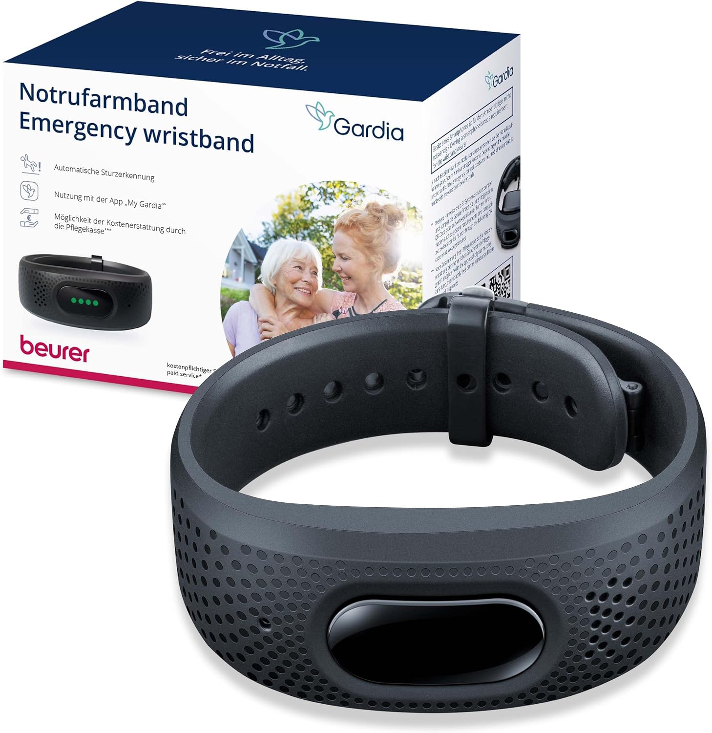 Beurer Gardia emergency call bracelet with fall detection, innovative emergency call system made of bracelet and app, voice connection in emergency, 24-hour emergency call service at home and on the go, all advantages with the ABO of your choice