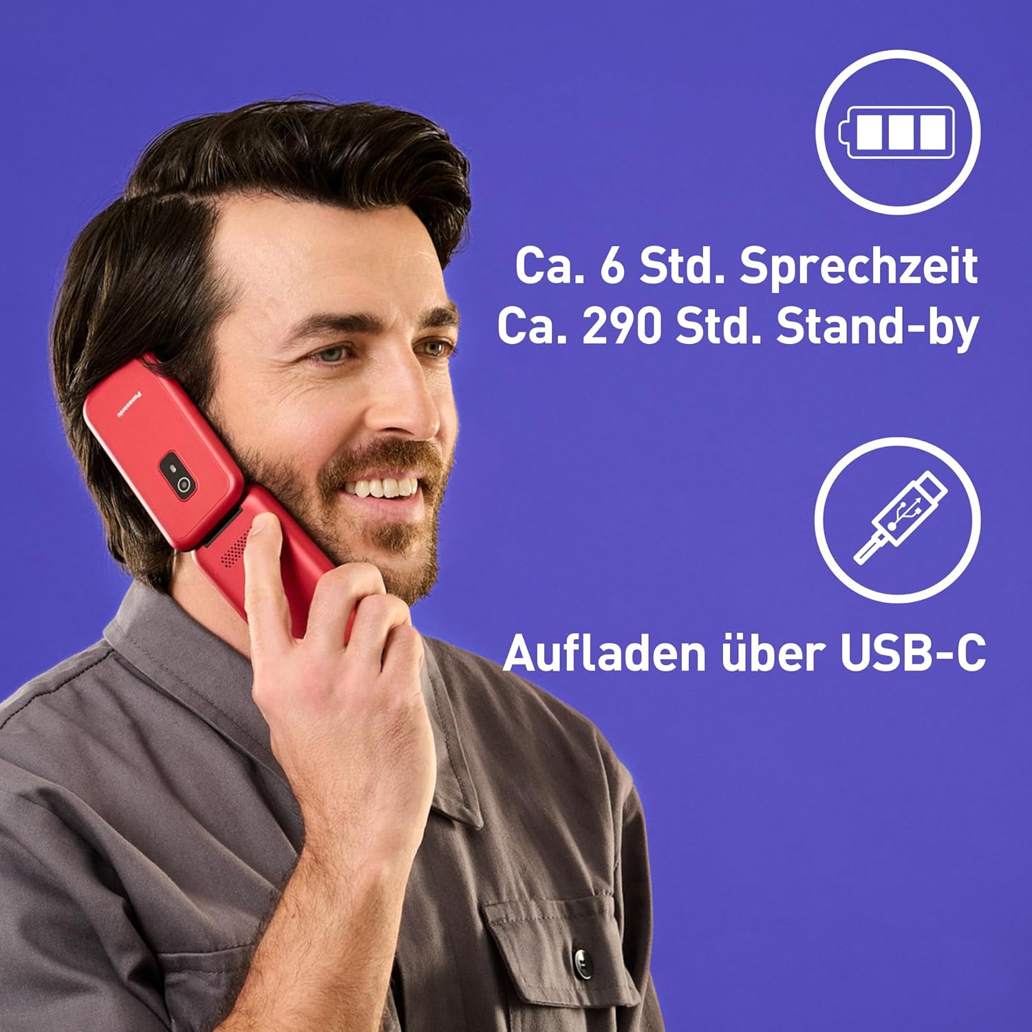 Panasonic KX-TF600 4G Easy Phone, Volte Klare Anrufe, 290 Stunden Standby, USB-C Schnellladung, 2,8" Display, Bluetooth, LED Taschenlampe, IP44 Wasserdicht, Beleuchtete Tasten, Rot – Bild 5