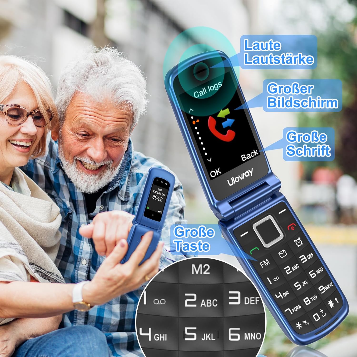 4G Folding Mobile Phone for Seniors with Large Buttons, Dual SIM Flip Mobile Phone with Charging Station, SOS Emergency Call Function, Speed Dial, Torch, FM Radio, 2.4 + 1.77 Inch Dual Colour Display, Blue – Bild 4