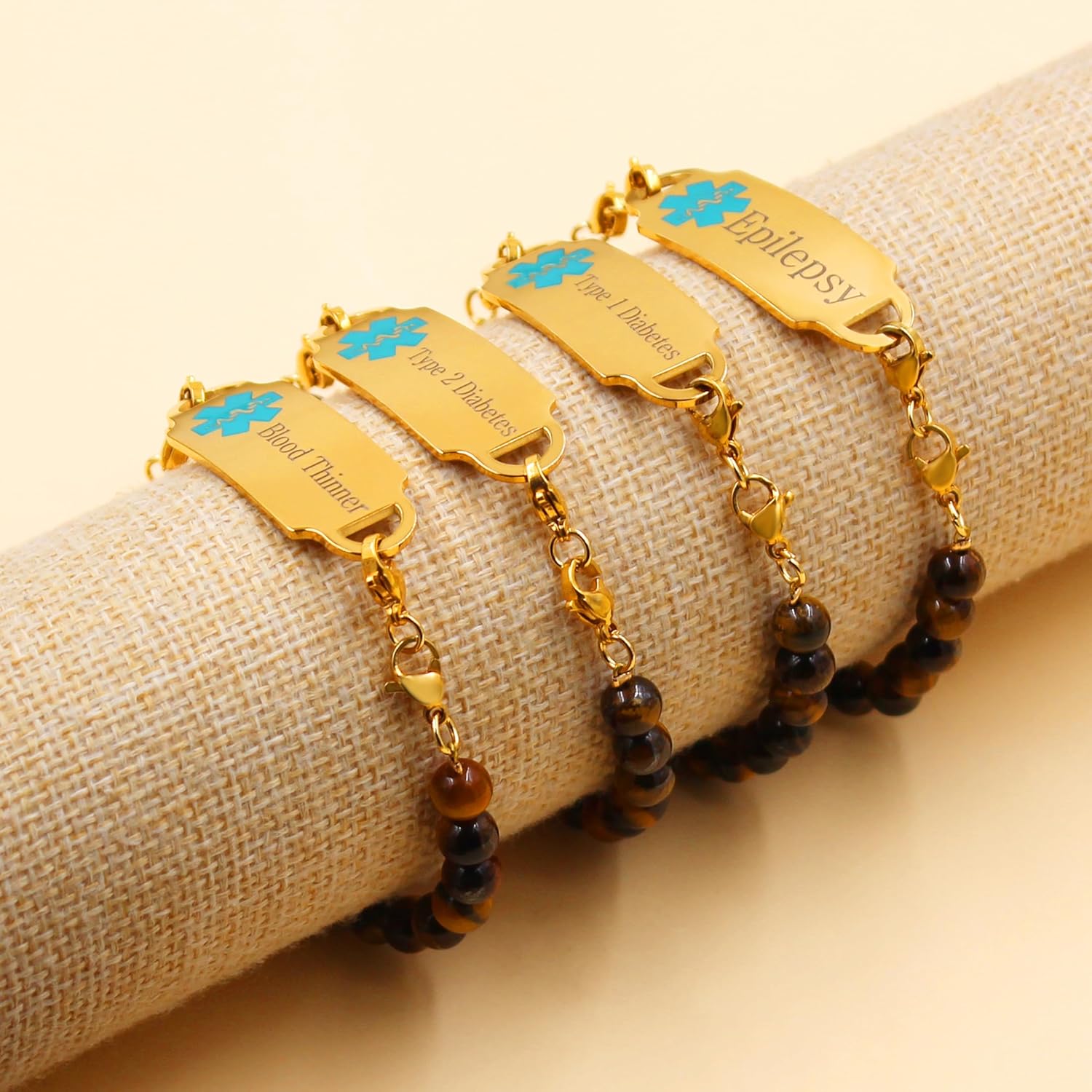 Handmade Tiger's Eye Stone Personal Medical Alert Bracelet - Gold-Coloured Individual ID Name Bracelet for Men Women Seniors First Aid Jewellery (YA5048) – Bild 7