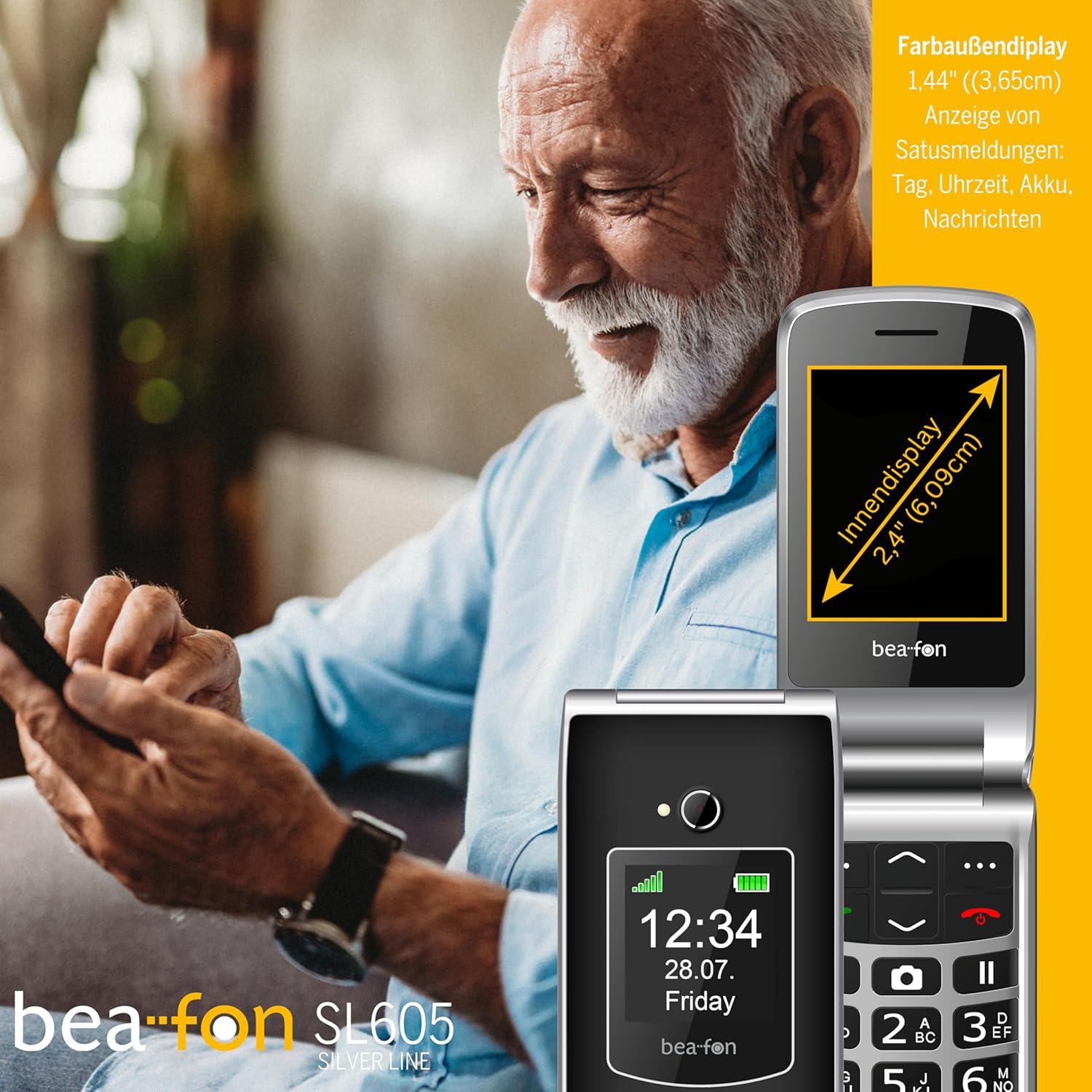 Beafon, Silverline SL605 Folding Mobile Phone for Seniors with SOS Emergency Call Button, Colour Interior Display 2.4 Inches (6.09 cm) / Colour Outer Display 1.44 Inches (3.65 cm), Photo Contact Display, Button Announcement, Includes Table Charging Tray – Bild 4