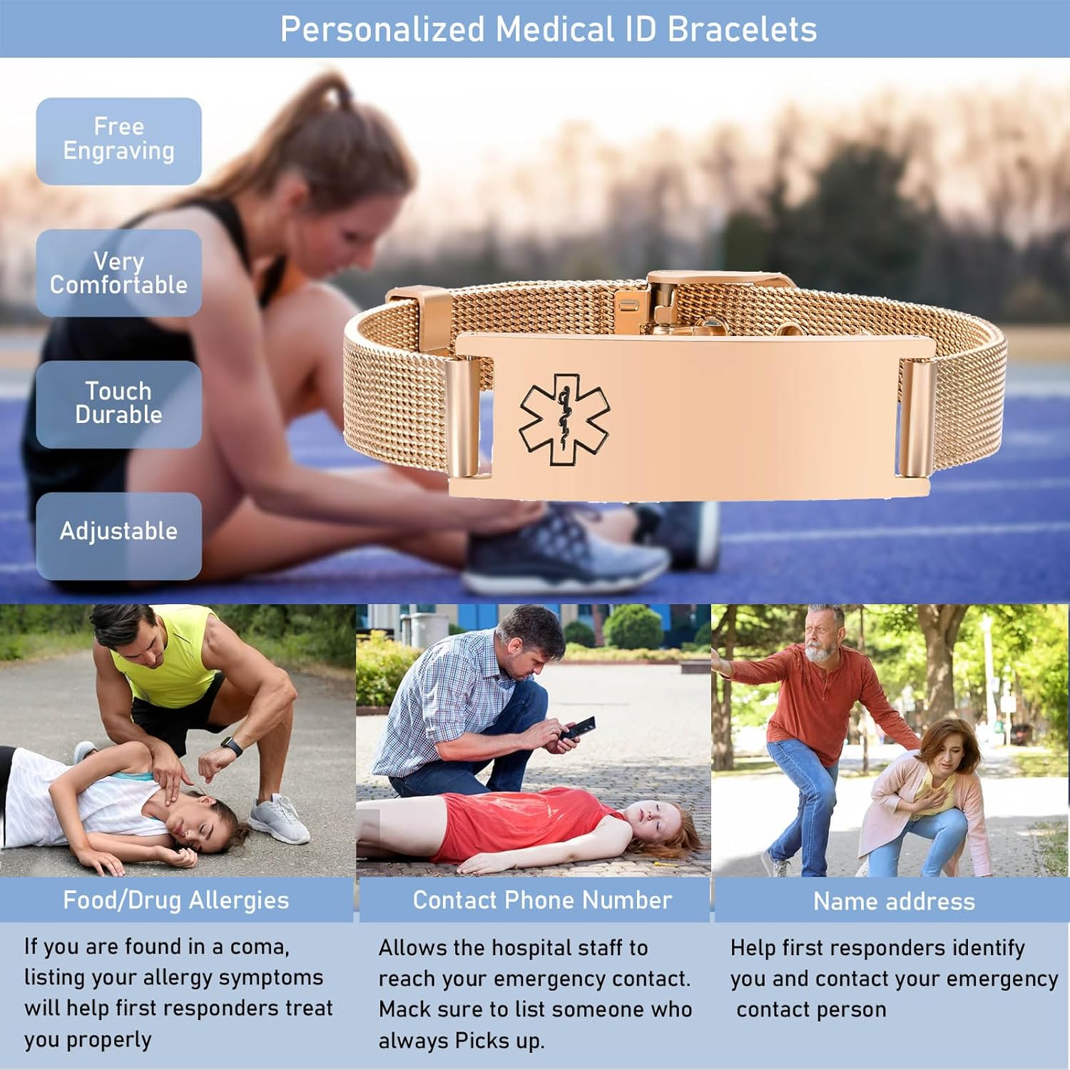 Emergency Bracelet Medical Bracelet for Men and Women: Personalised Emergency Jewellery Engraving Ice Name Identification Allergies Diabetes Epilepsy Bracelets Medical Alarm Bracelet for Men Women – Bild 2