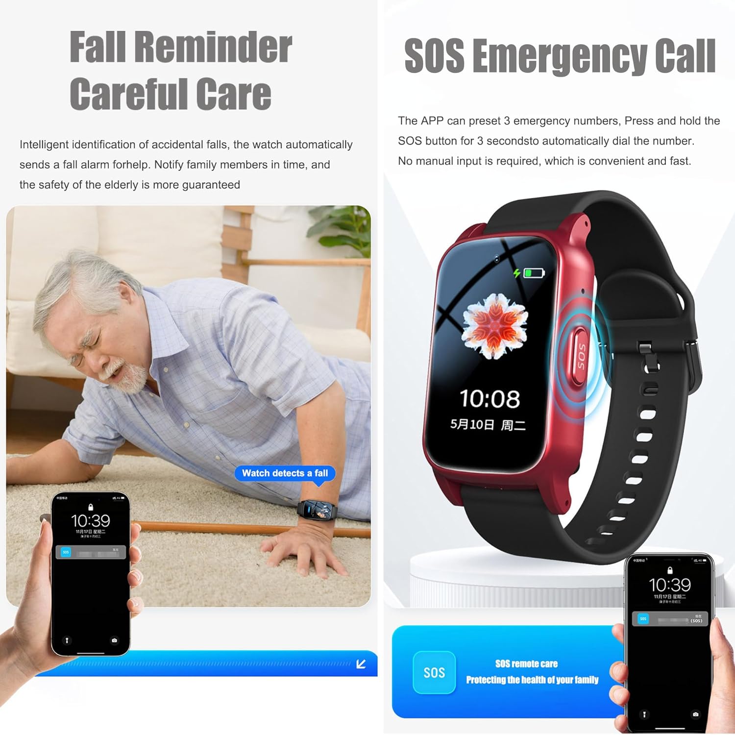 Emergency Watch for Seniors, Emergency Call Watch with Fall Detection, Seniors Emergency Call Bracelet with SOS Emergency Button, HD Voice Call and Waterproof, Emergency Call Button for Seniors, Black – Bild 2