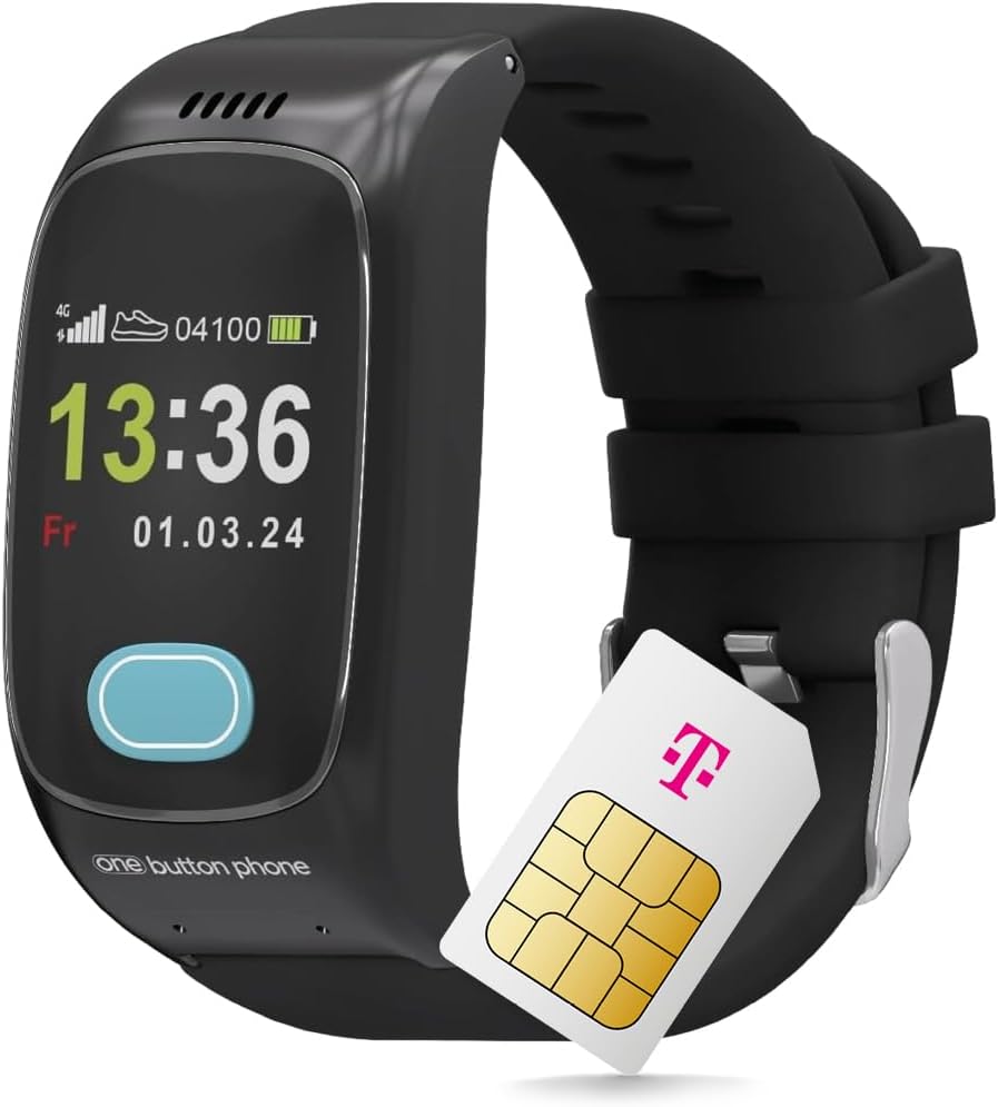 Deutsche Telekom x One Button Phone - 4G LTE Emergency Watch with Location and Phone Function, Emergency Call Bracelet for Seniors, SOS Emergency Button, GPS Emergency Watch - 30€ Amazon Voucher after SIM Activation