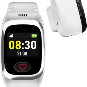 James - B8 Emergency Clock - SOS Emergency Call, GPS Tracking, Fall Detector, Geofence, 24/7 Alarm Centre, AMOLED Display, IP67 Water Protection (White, Premium Box + Locator)