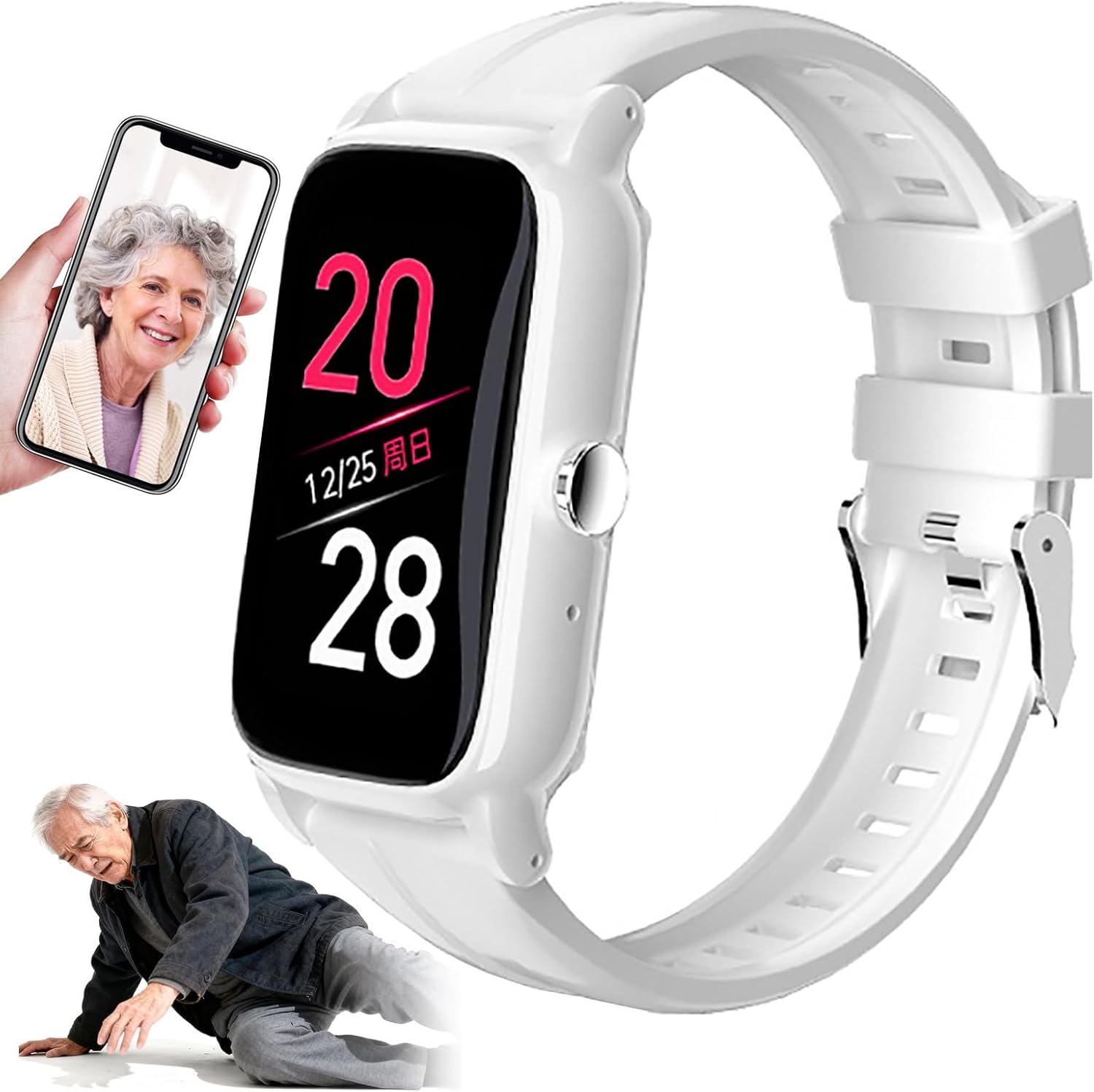 Notfalluhr für Senioren mit Sturzsensor, 1,5-Zoll, GPS Tracker, Gesundheitsüberwachung, Videotelefonie in beide Richtungen, Silikon Armband für Alzheimer-Tracking White