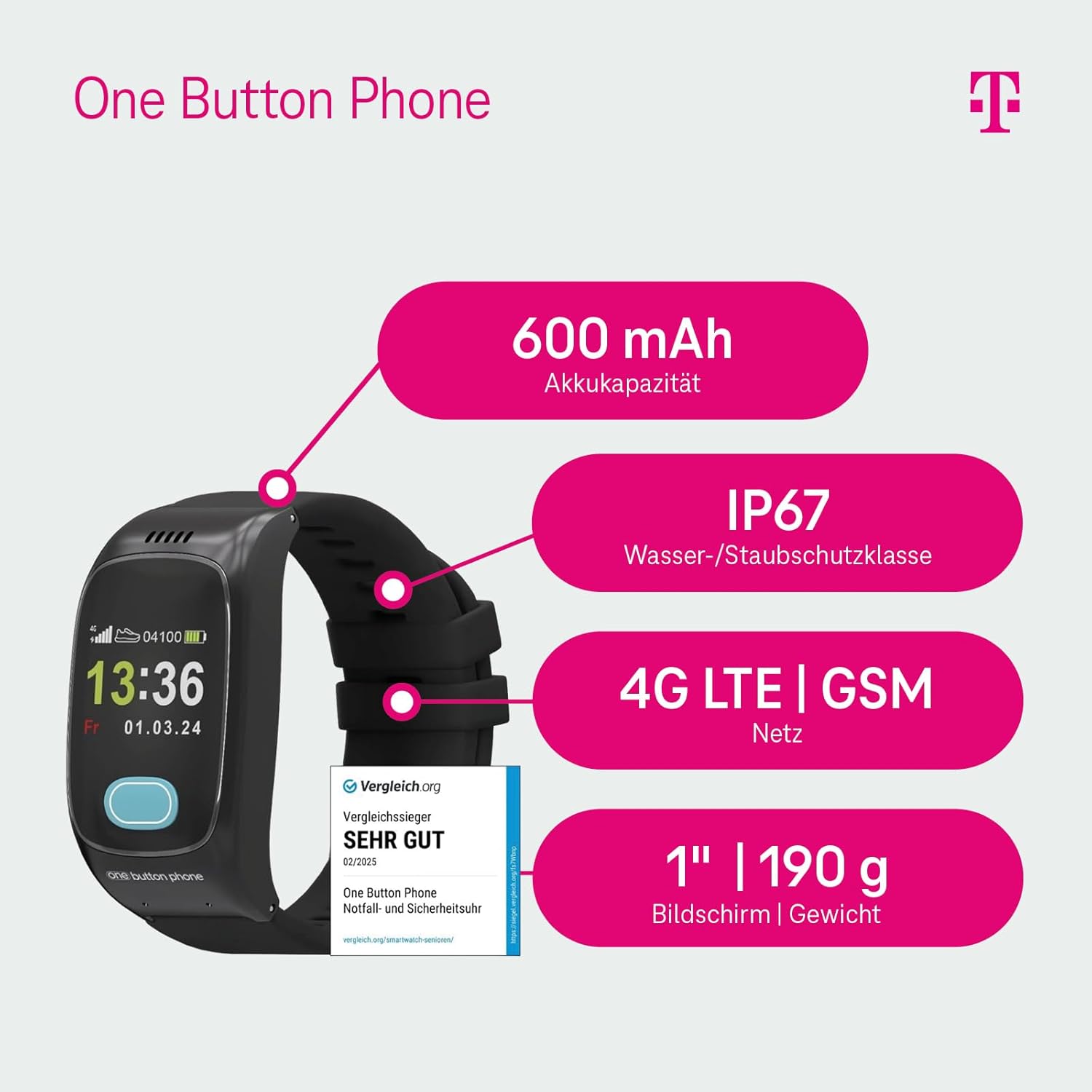 Deutsche Telekom x One Button Phone - 4G LTE Emergency Watch with Location and Phone Function, Emergency Call Bracelet for Seniors, SOS Emergency Button, GPS Emergency Watch - 30€ Amazon Voucher after SIM Activation – Bild 2