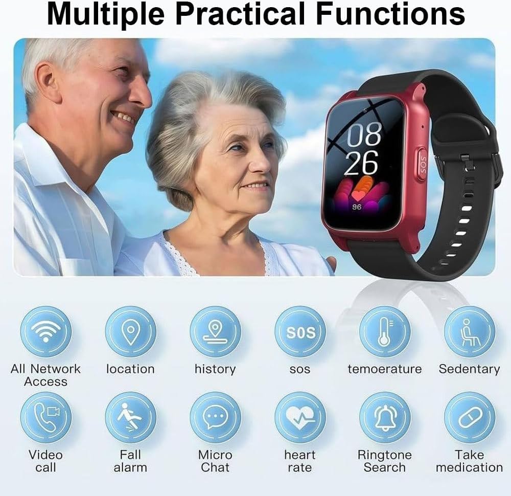 Notruf Uhr für Senioren, Notfalluhr mit Sturzsensor und GPS Tracker, HD Videoanruf Gesundheitsüberwachung, 1,47-Zoll-HD-Bildschirm IP67 Wasserfest für Alzheimer Black – Bild 2