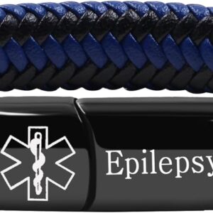 Medical Alarm Cuff Bracelet for Men and Women, Black Stainless Steel Clasp Emergency ID Bracelet, PU Leather Health Information Band YA5551
