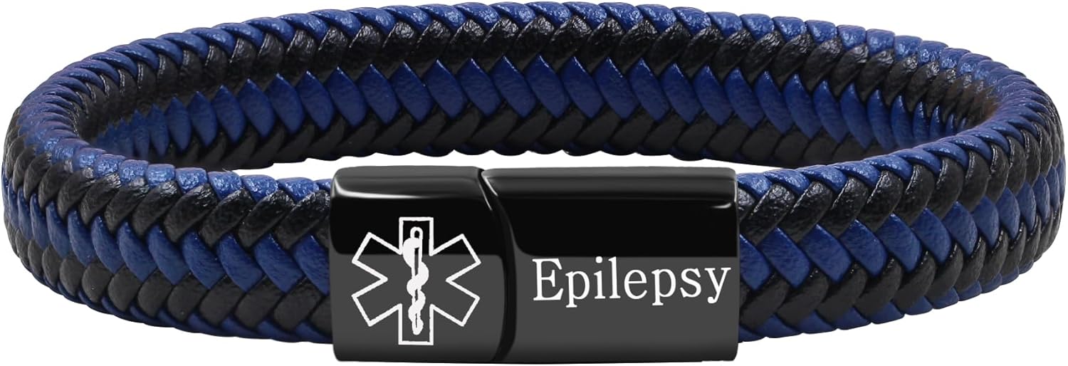 Medical Alarm Cuff Bracelet for Men and Women, Black Stainless Steel Clasp Emergency ID Bracelet, PU Leather Health Information Band YA5551