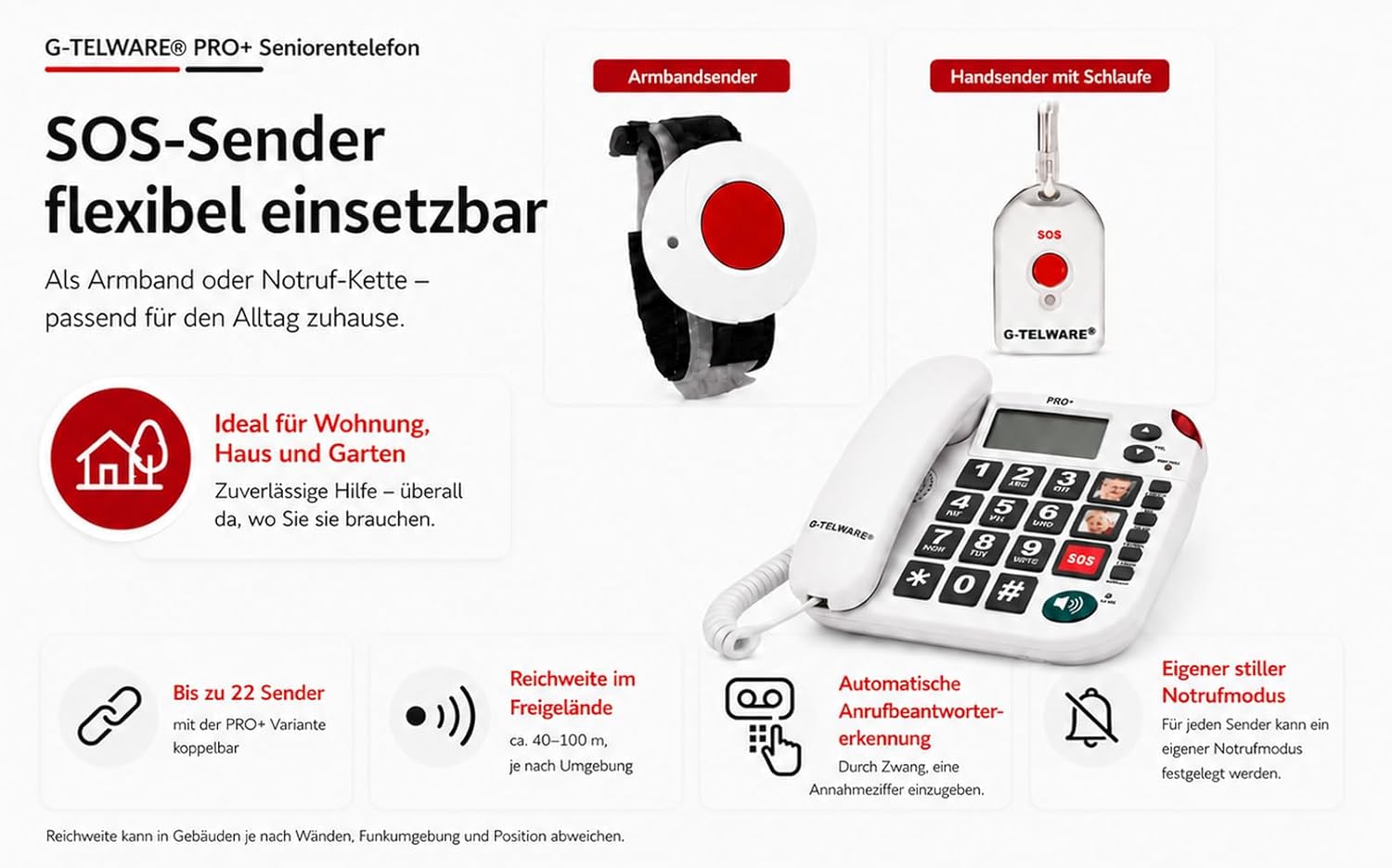 PRO (World First) Silence SOS Technology/SOSParam.einstellb./2026 Model House Emergency Call Senior Phone with Radio SOS Transmitter - 3 Bracelet Transmitters + 2 Handheld Transmitters with Loop, Satin Grey, PRO+ – Bild 4