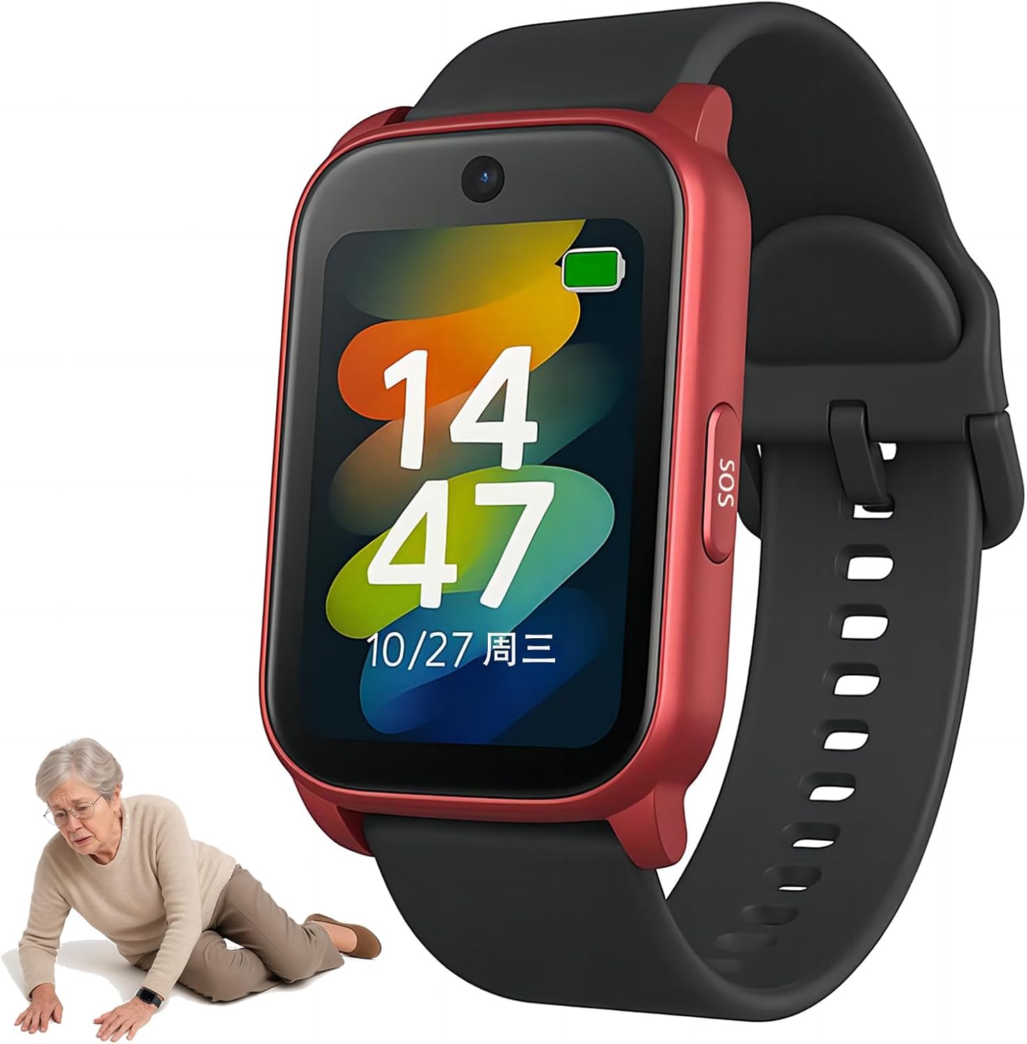 GPS Smartwatch for Seniors with Fall Detection, SOS Emergency Call, HD Video Call, IP67 Waterproof - GPS Tracker for Dementia and Alzheimer Care, Red