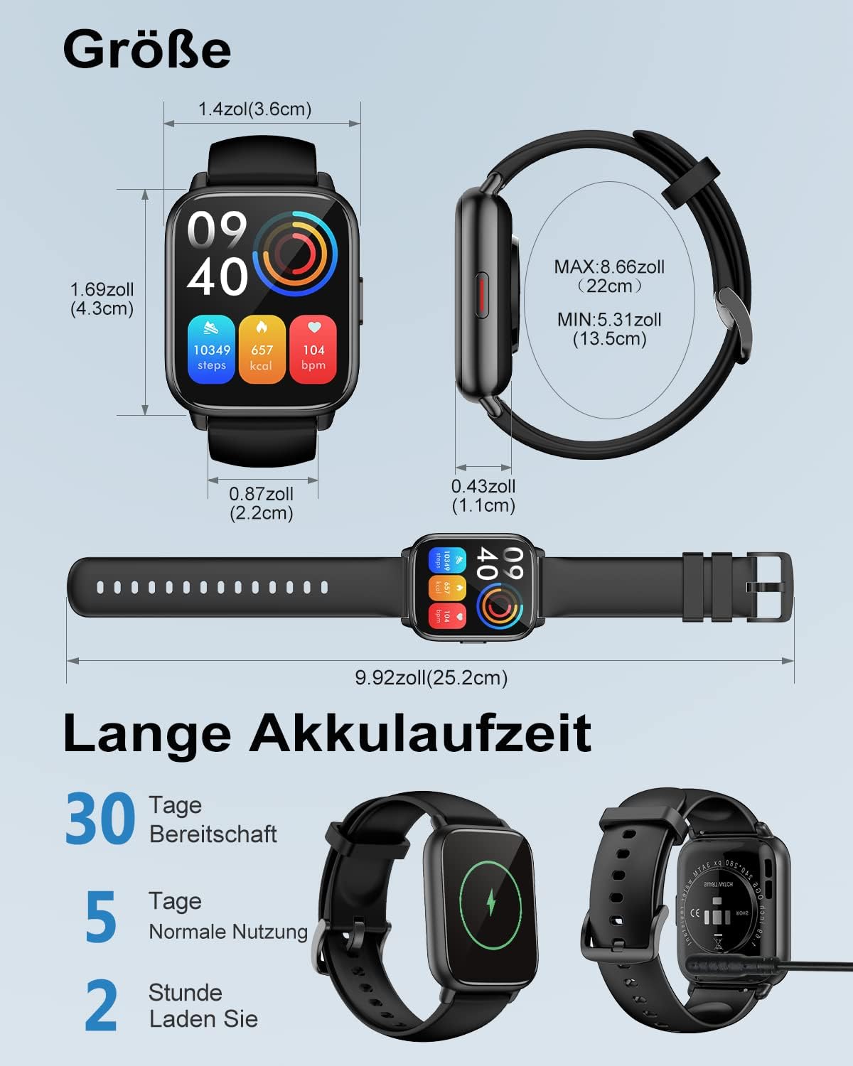 RUIMEN Smartwatch with Phone Function, Smartwatch for Men and Women, 1.85 Inch HD Screen Fitness Watch with SpO2 Monitoring, Heart Rate Monitor, Sleep Monitor, Pedometer Watch, 110+ Training Modes for Android iOS (2 Bands) – Bild 7