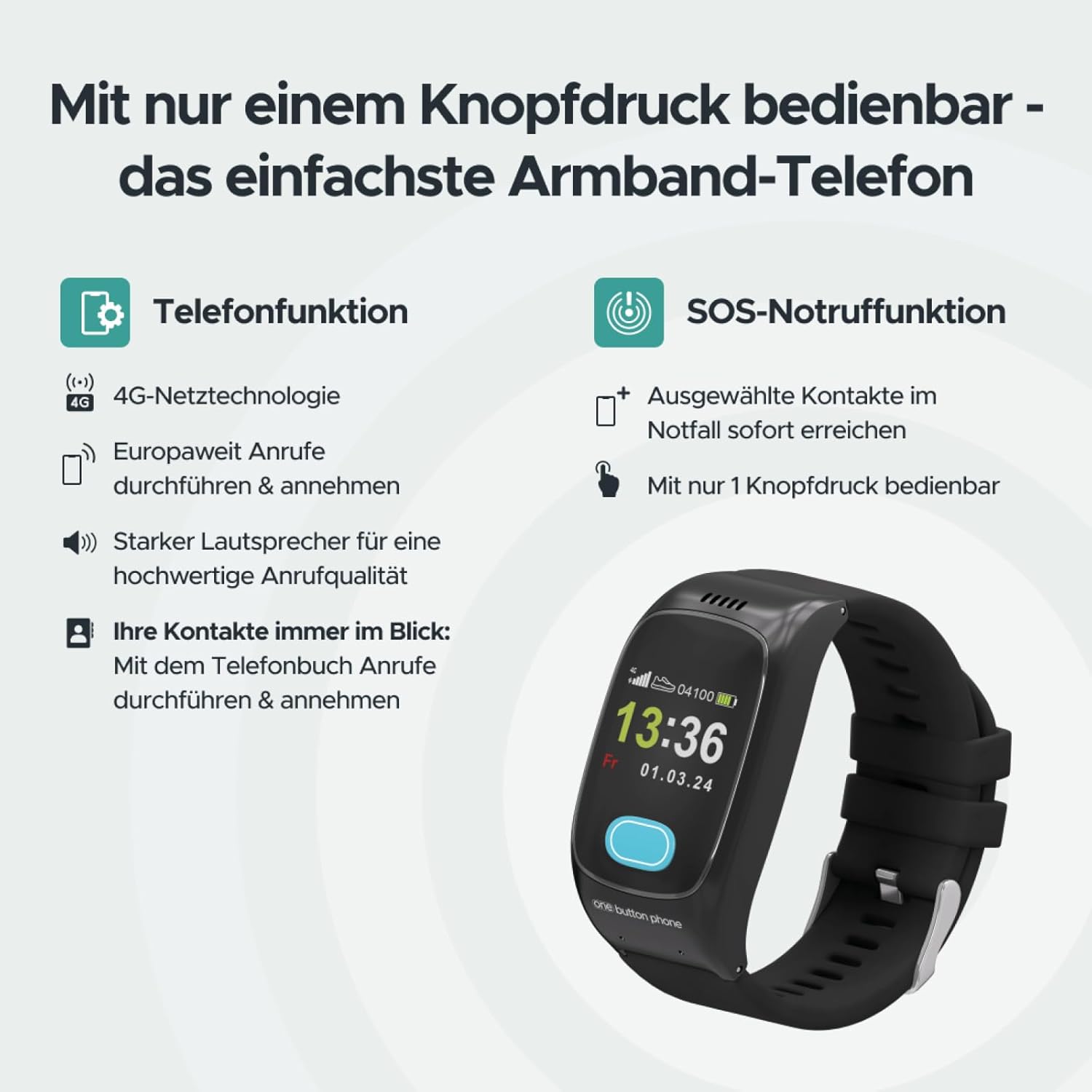 Deutsche Telekom x One Button Phone - 4G LTE Emergency Watch with Location and Phone Function, Emergency Call Bracelet for Seniors, SOS Emergency Button, GPS Emergency Watch - 30€ Amazon Voucher after SIM Activation – Bild 6
