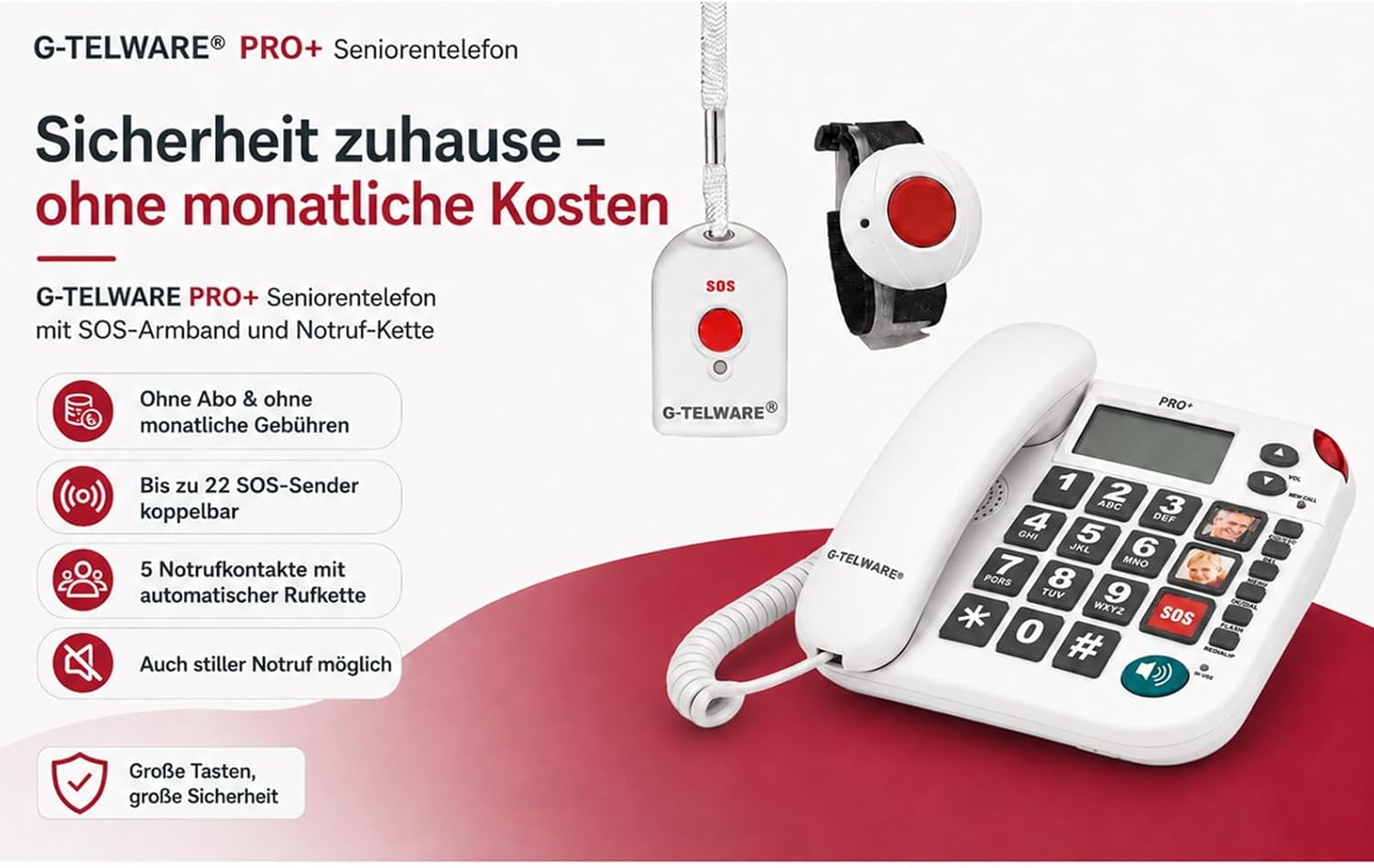 PRO (World First) Silence SOS Technology/SOSParam.einstellb./2026 Model House Emergency Call Senior Phone with Radio SOS Transmitter - 3 Bracelet Transmitters + 2 Handheld Transmitters with Loop, Satin Grey, PRO+ – Bild 2