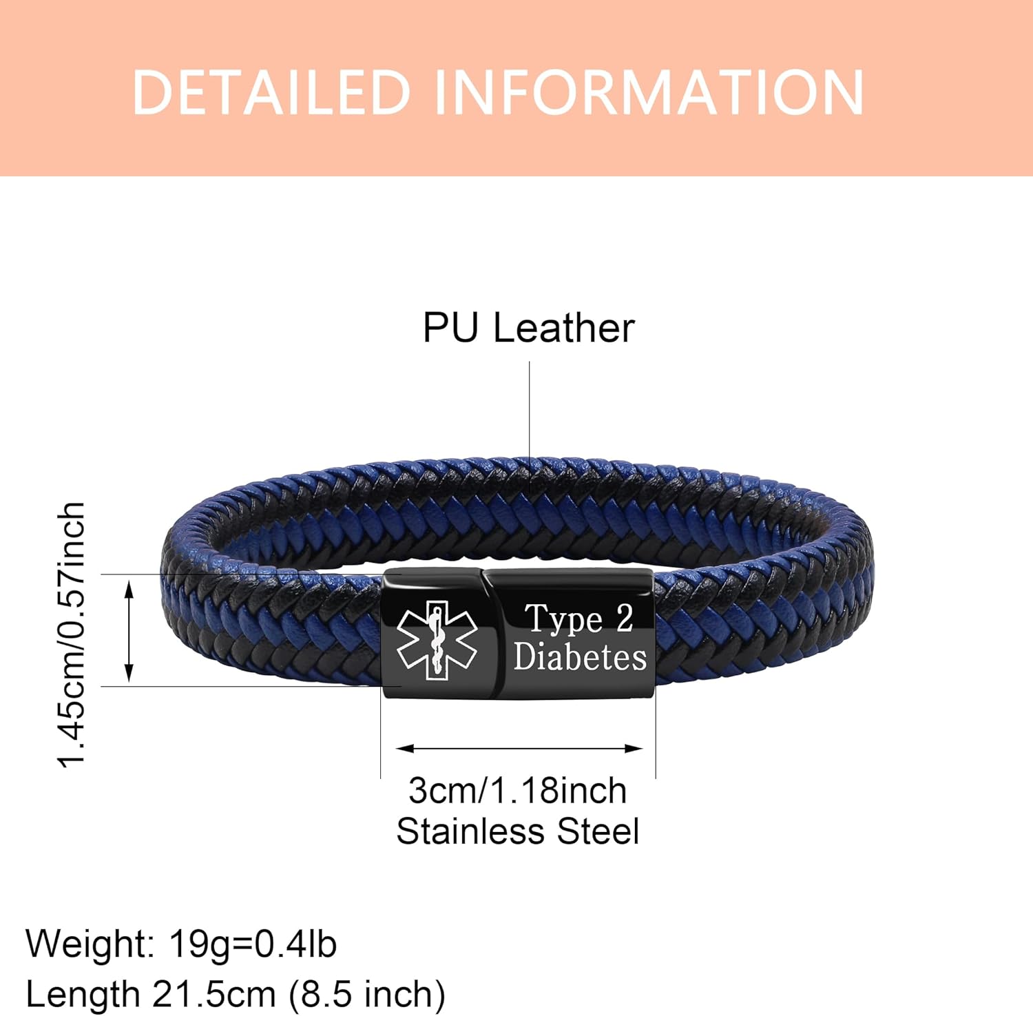 Medical Alarm Cuff Bracelet for Men and Women, Black Stainless Steel Clasp Emergency ID Bracelet, PU Leather Health Information Band YA5551 – Bild 6