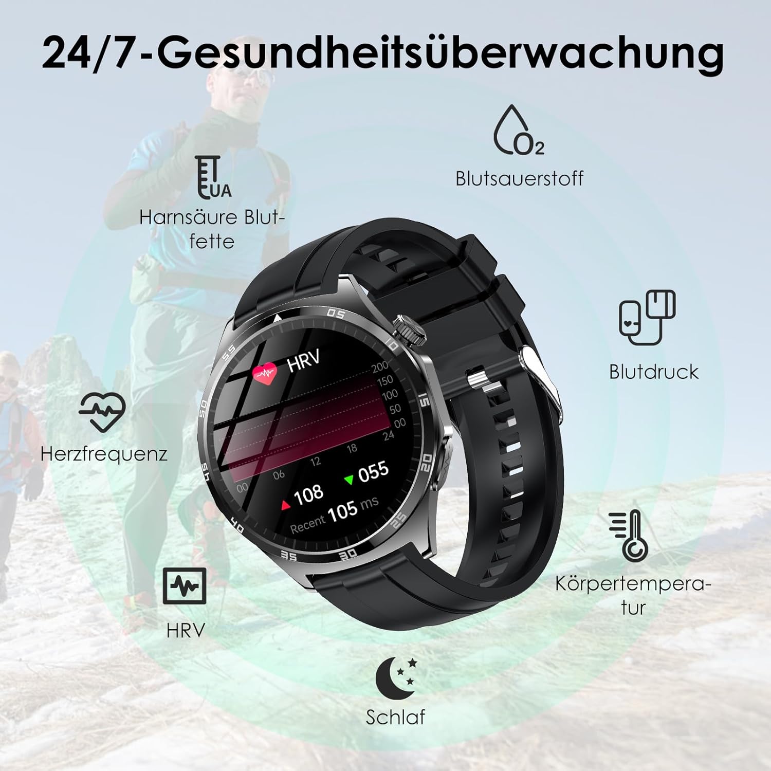 2026 Neu Smartwatch Herren mit EKG/Blutdruck/Harnsäure/Schlaf-Monitor/BMI/Emotion/Stimmung Rund 1,43"AMOLED Fitness Gesundheitsuhr mit 24h Herzfrequenz SPO2,Bluetooth-Anrufe SOS-Notruf für iOS Android – Bild 3