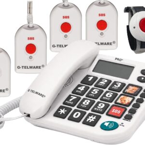 PRO (World First) Silence SOS Technology/SOSParam.einstellb./2026 Model House Emergency Call Senior Phone with Radio SOS Transmitter - 1 Bracelet Transmitter + 4 Handheld Transmitters with