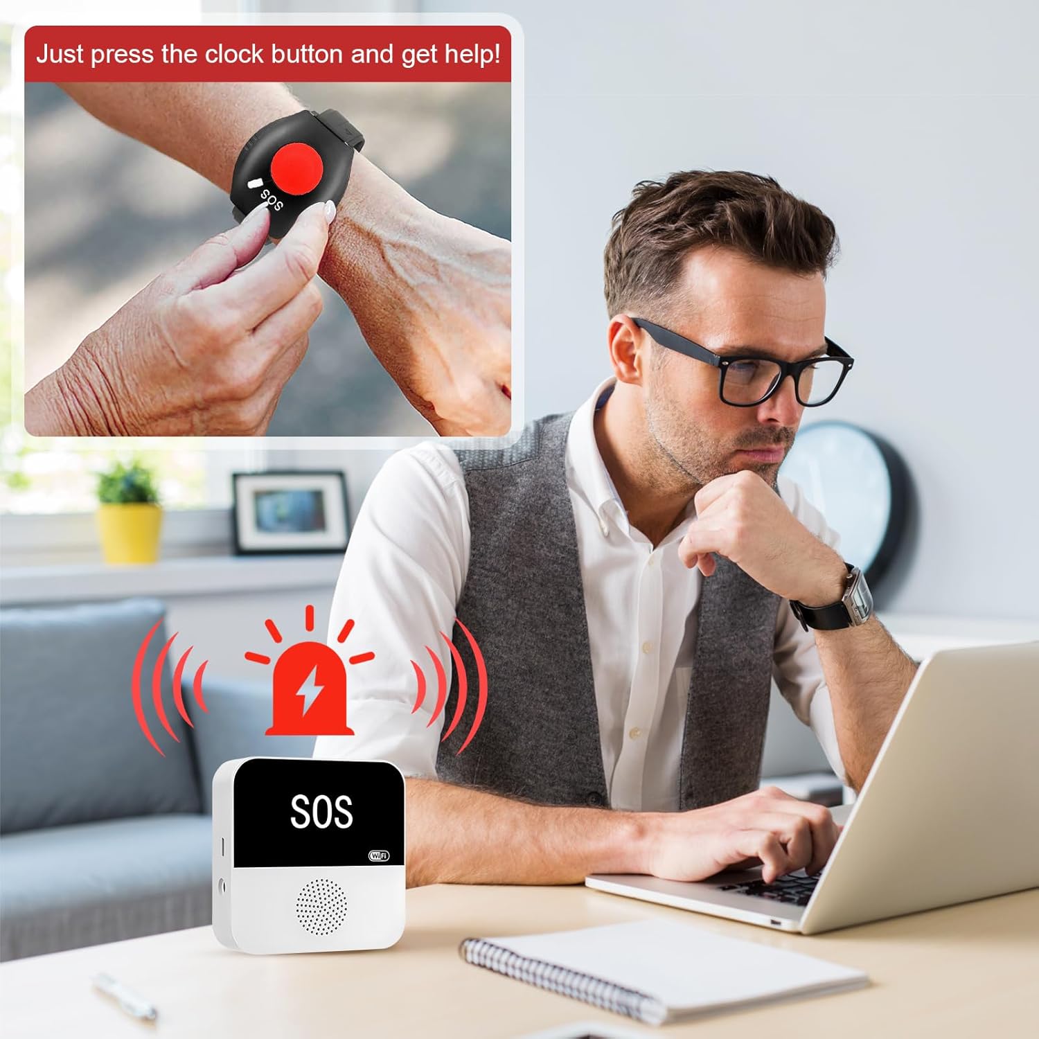 Emergency Call Button for Seniors, Seniors, WiFi Smart Emergency Call Bell Alert System, 1 x SOS Emergency Call Button, 1 x Receiver, 1 x Seniors Emergency Call Bracelet, Home Emergency Call for Elderly Patients, Disabled People, Children – Bild 4